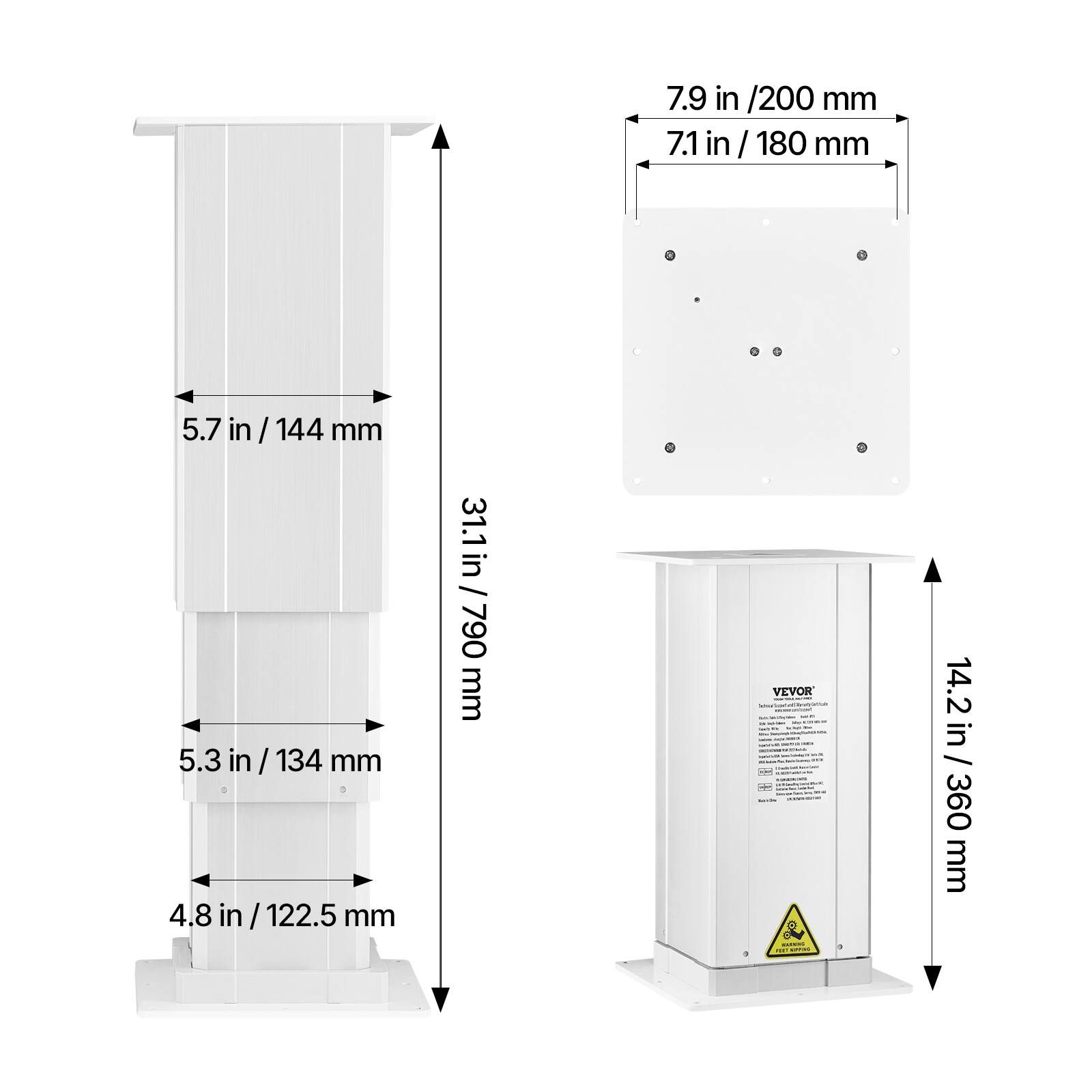 7.9 in / 200 mm  
7.1 in / 180 mm  
5.7 in / 144 mm  
5.3 in / 134 mm  
4.8 in / 122.5 mm  
31.1 in / 790 mm  
14.2 in / 360 mm