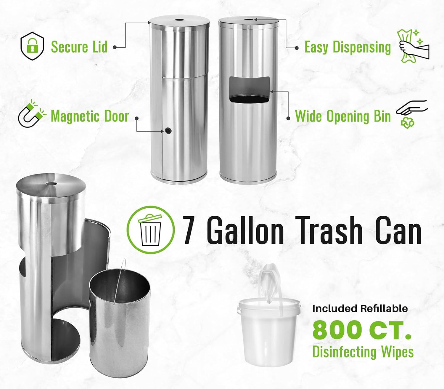 Secure Lid, Magnetic Door, Easy Dispensing, Wide Opening Bin, 7 Gallon Trash Can, Included Refillable 800 CT. Disinfecting Wipes