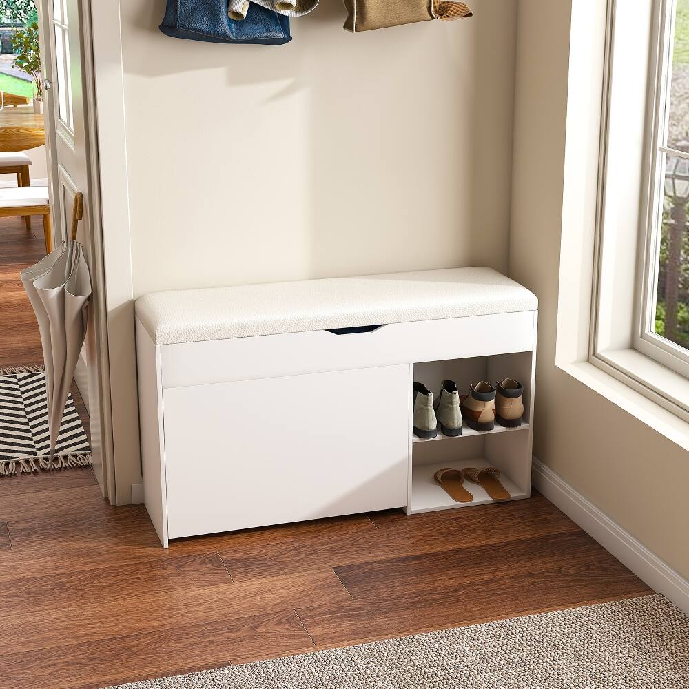 Angle. Ropilly - Ropilly White Entryway Bench with Shoe Storage Hidden Cabinet Cushioned Seat Space Saving Organizer - White.