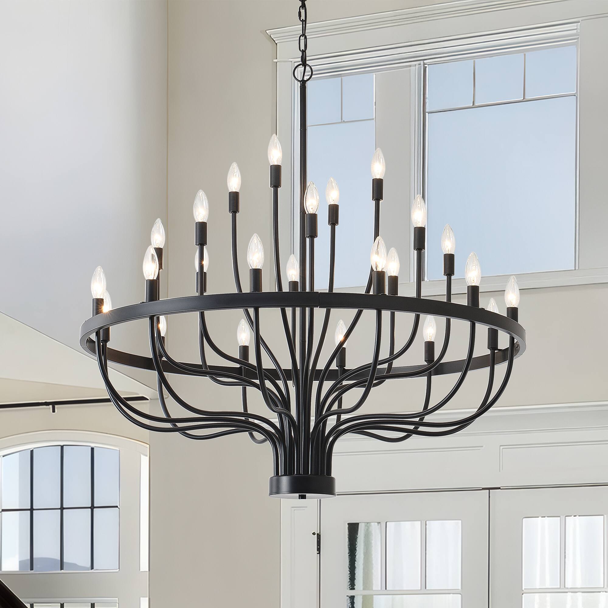 Front. RYHNUYNE - 24-Light Farmhouse Foyer Chandelier Entryway High Ceiling 39.3 Inch Modern Black Chandelier for Hallway Living Room - Black.