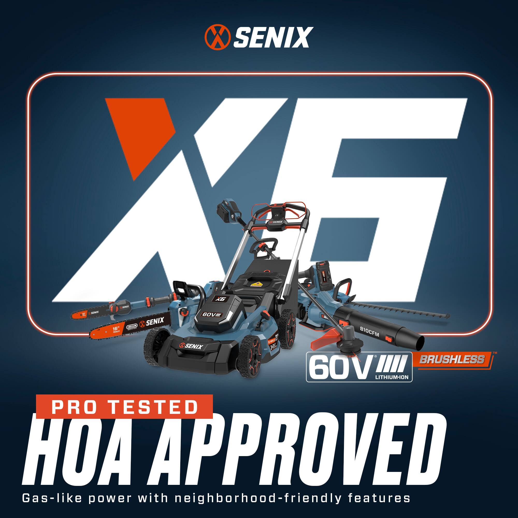 SENIX  
aidnes - I - - BOVE SENIX 10 - B1CF M ao SENIX MC I BRUSHLESS 60V! LITHIUM-ION PRO TESTED HOA APPROVED  
Gas-like power with neighborhood-friendly features
