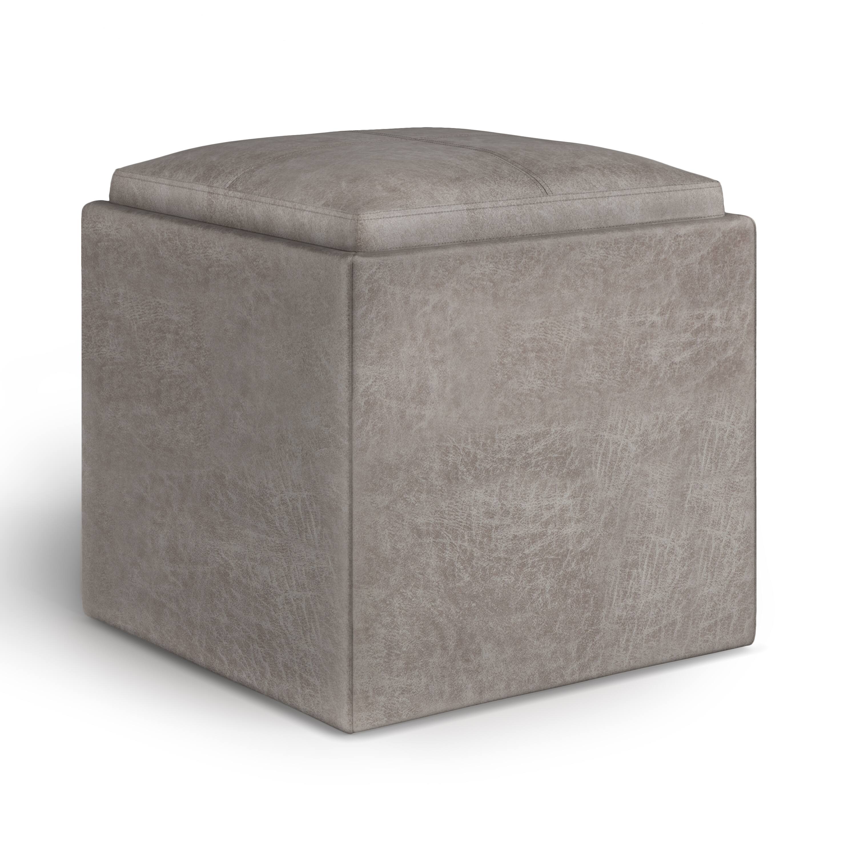 Front. Simpli Home - Rockwood Cube Storage Ottoman with Tray - Distressed Grey Taupe.
