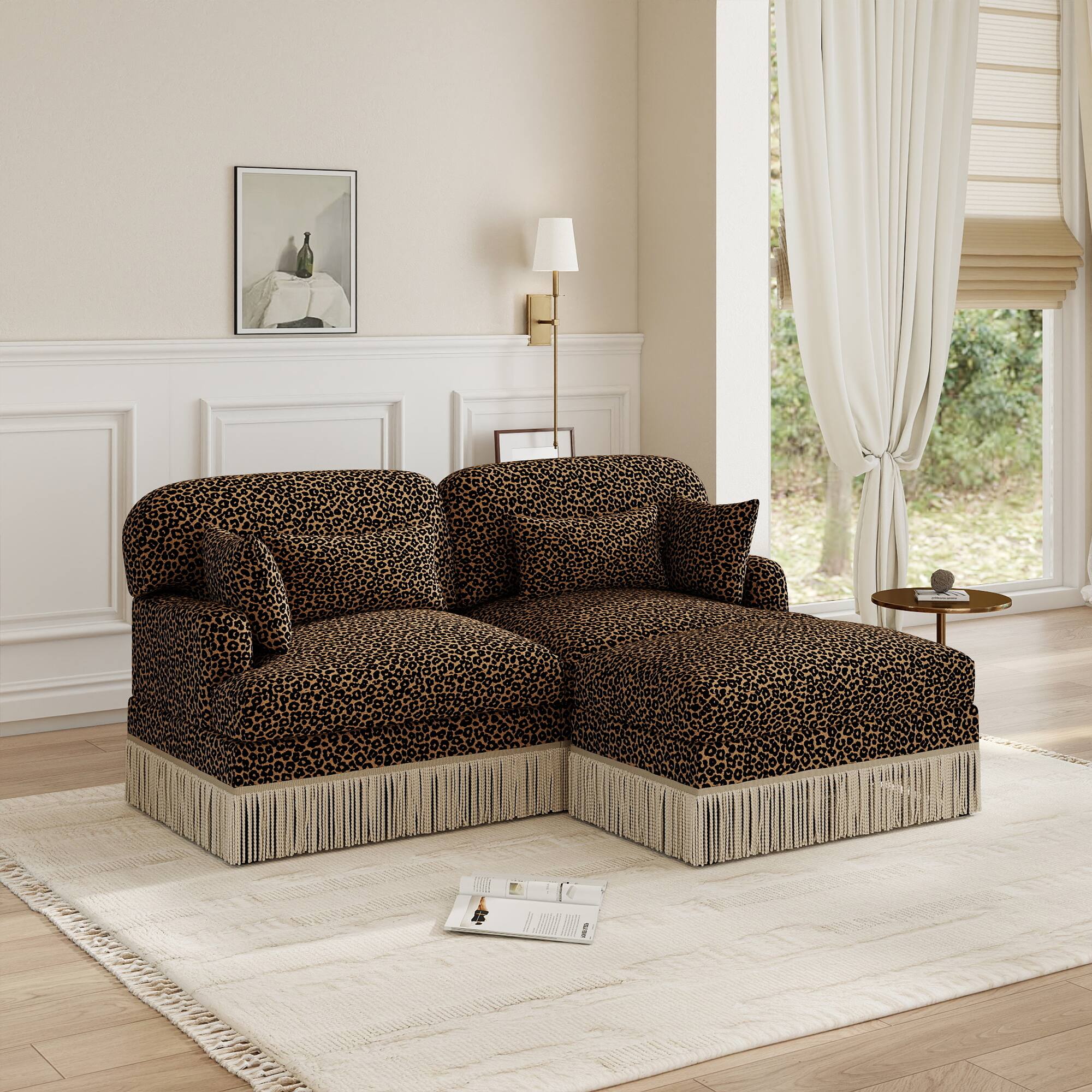 Left. Anysun - Delicate Fashion Style Chenille Leopard Printing L-Shape Sofa with Movable Ottoman, Easy Assembly - Brown.
