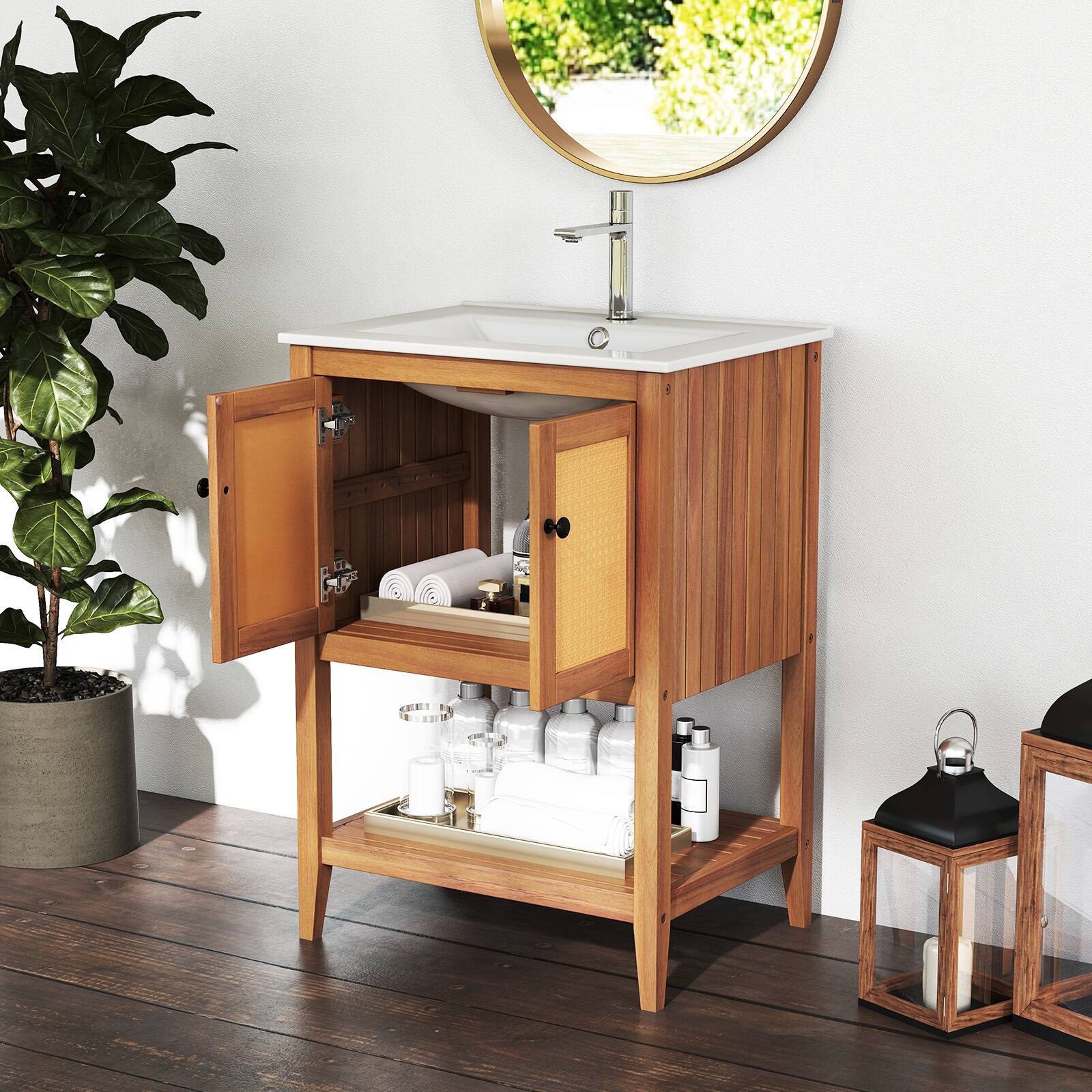 Alt View 4. Gymax - Gymax 24'' Bathroom Vanity w/ Sink 2 Rattan Doors & Open Slatted Shelf Freestanding - White.