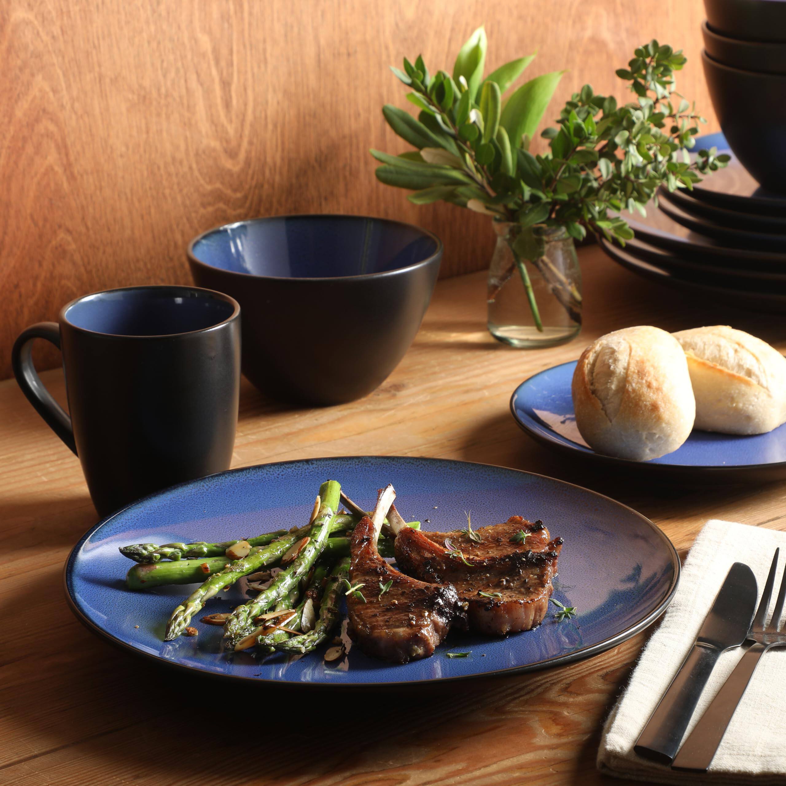 Back. Dazzed Corner - Round Reactive Glaze Stoneware Dinnerware Set, Service for 4 (16pc) - Blue.