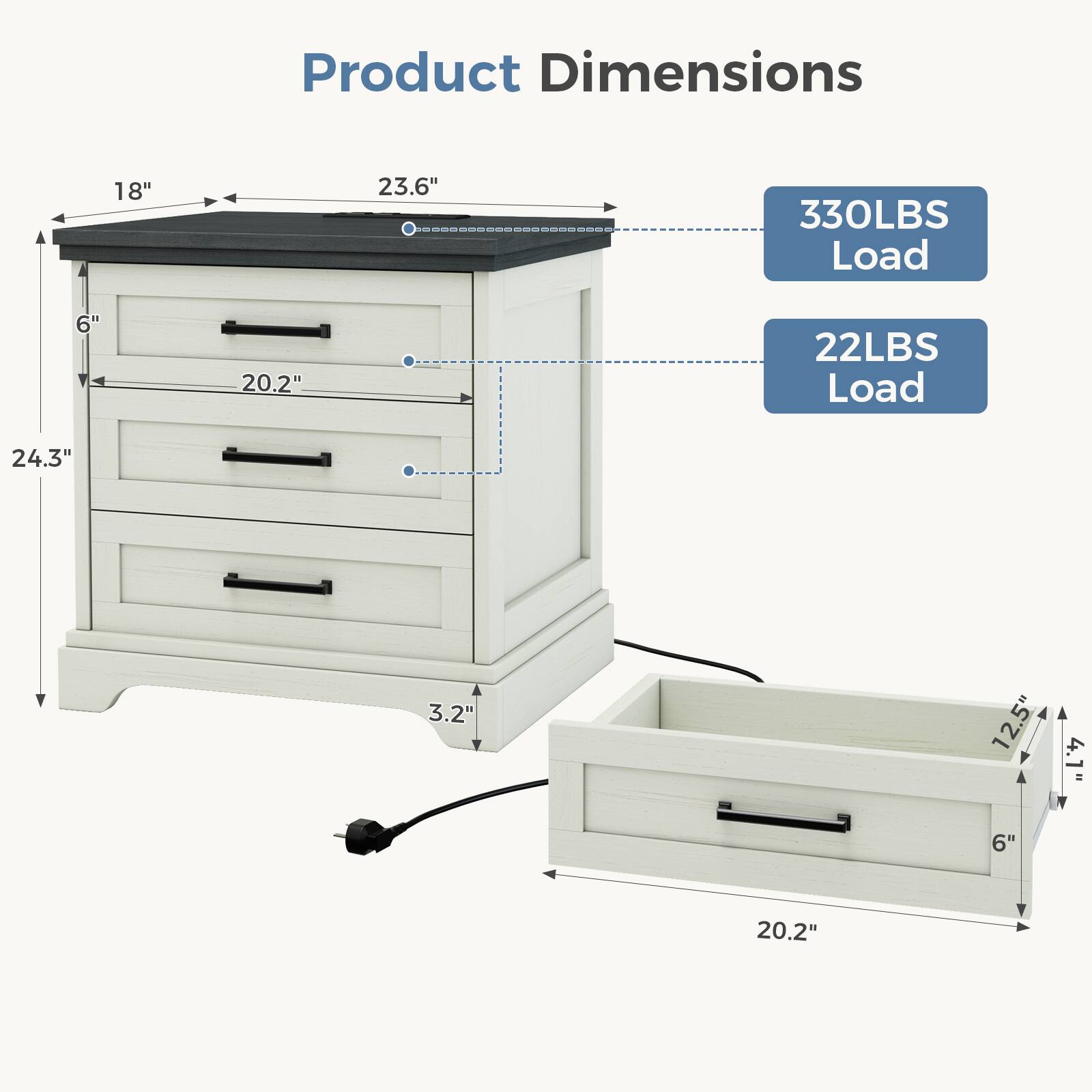 Product Dimensions: 18" x 23.6"  
Load 1: 330LBS  
Load 2: 22LBS  
Dimensions: 20.2" x 24.3" x 3.2" x 12.5" x 4.1" x 6"