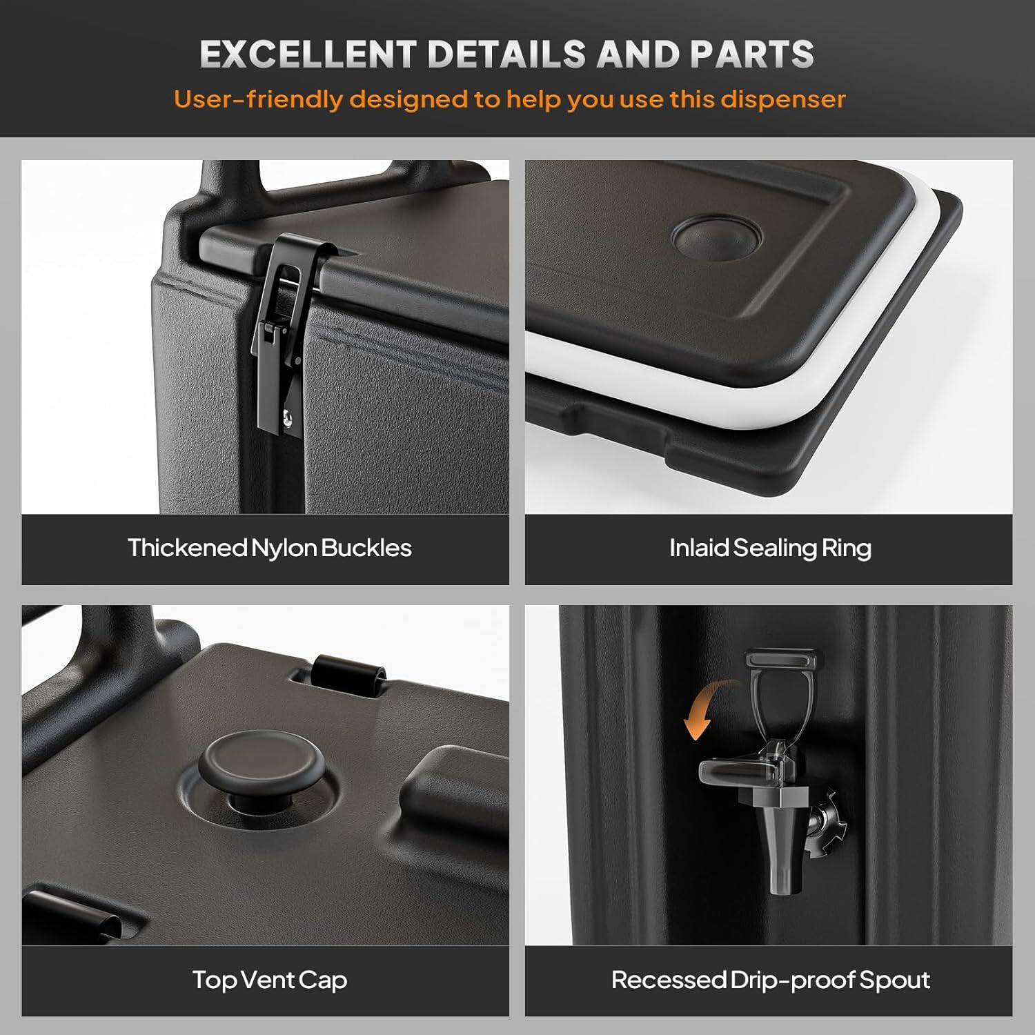 EXCELLENT DETAILS AND PARTS  
User-friendly designed to help you use this dispenser  

- Thickened Nylon Buckles  
- Inlaid Sealing Ring  
- Top Vent Cap  
- Recessed Drip-proof Spout