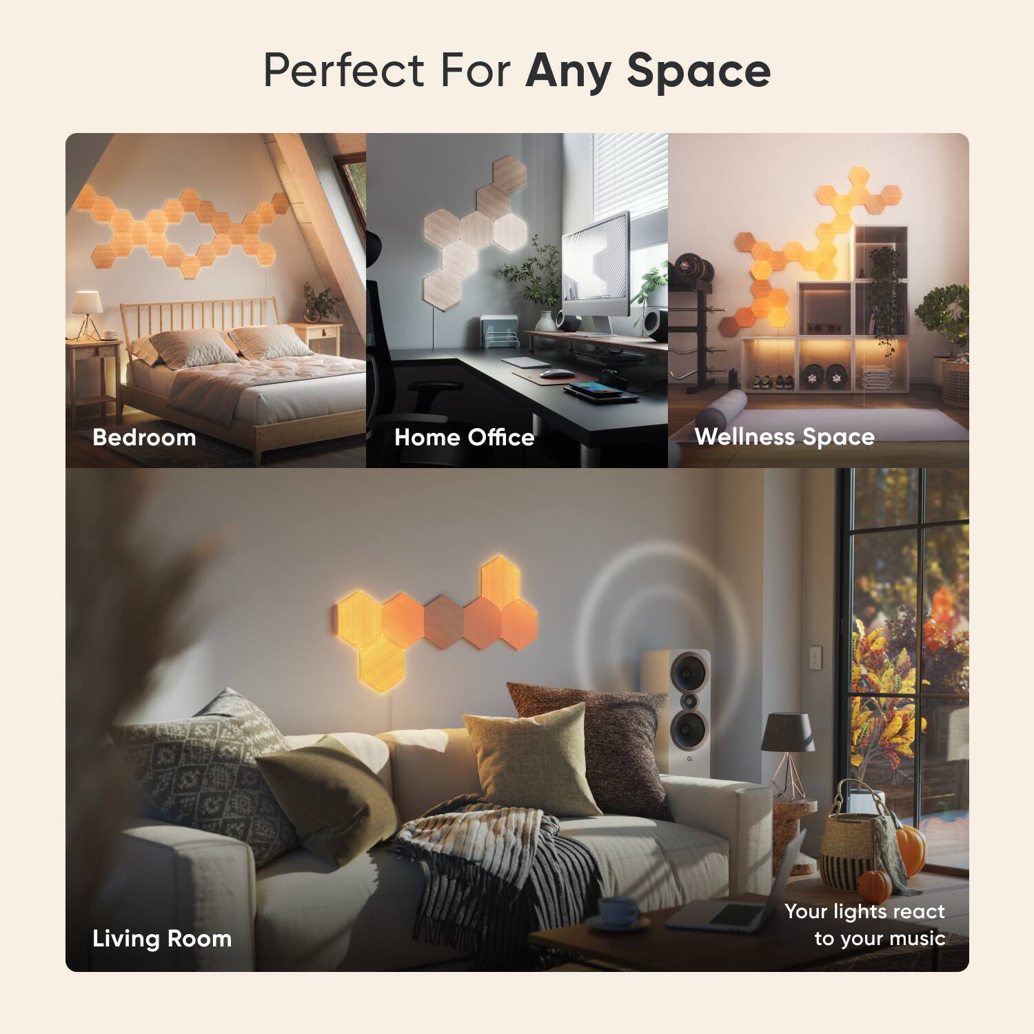 The text on the image is grouped as follows:

1. Perfect For Any Space
2. Bedroom
3. Home Office
4. Wellness Space
5. Living Room
6. Your lights react to your music