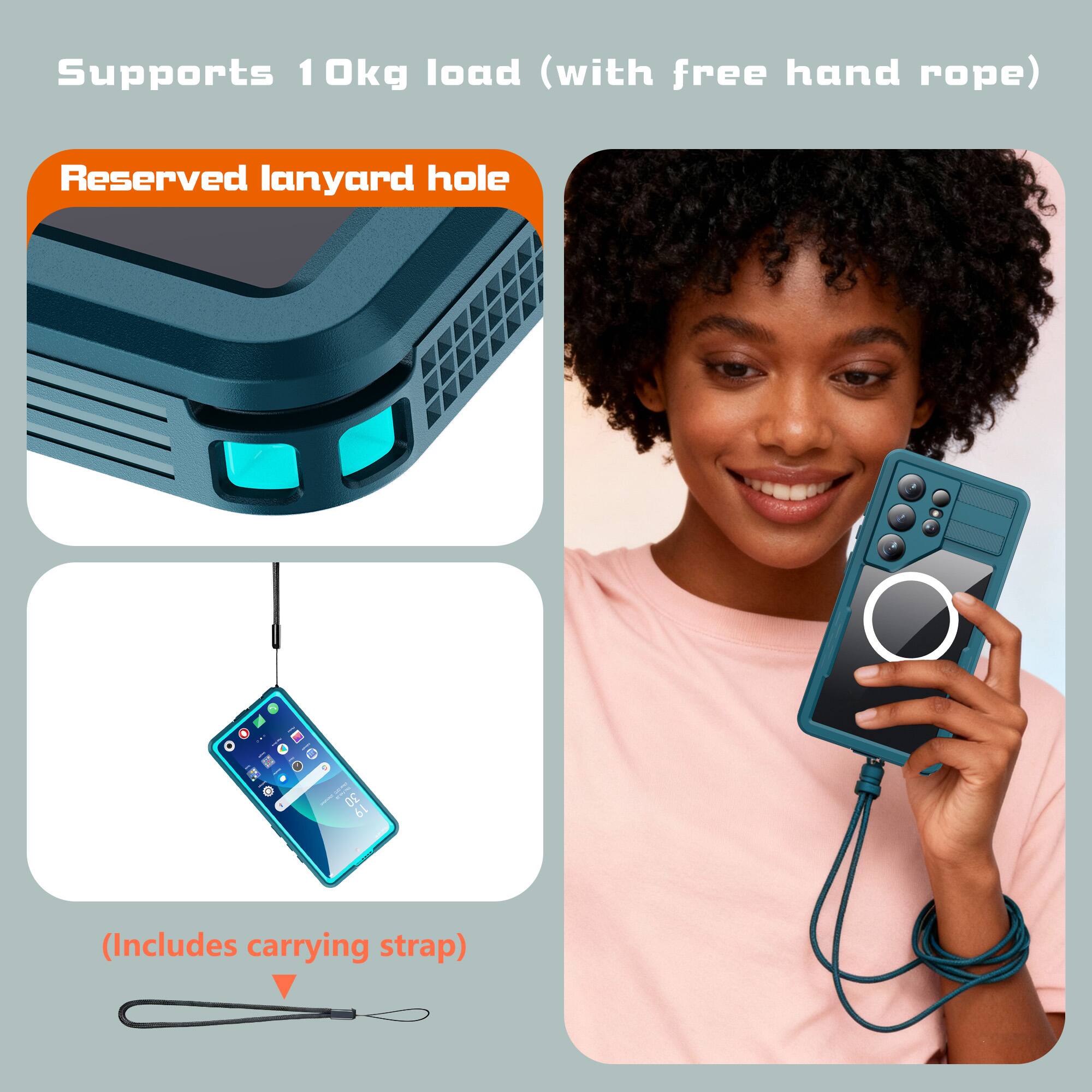 Supports 10kg load (with free hand rope)  
Reserved lanyard hole  
(Includes carrying strap)