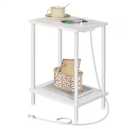 Alchemy Casas - Side Table With Charging Station End Tables Usb Port And Outlet Nightstand 2 layer Storage Shelves For Small - White 1
