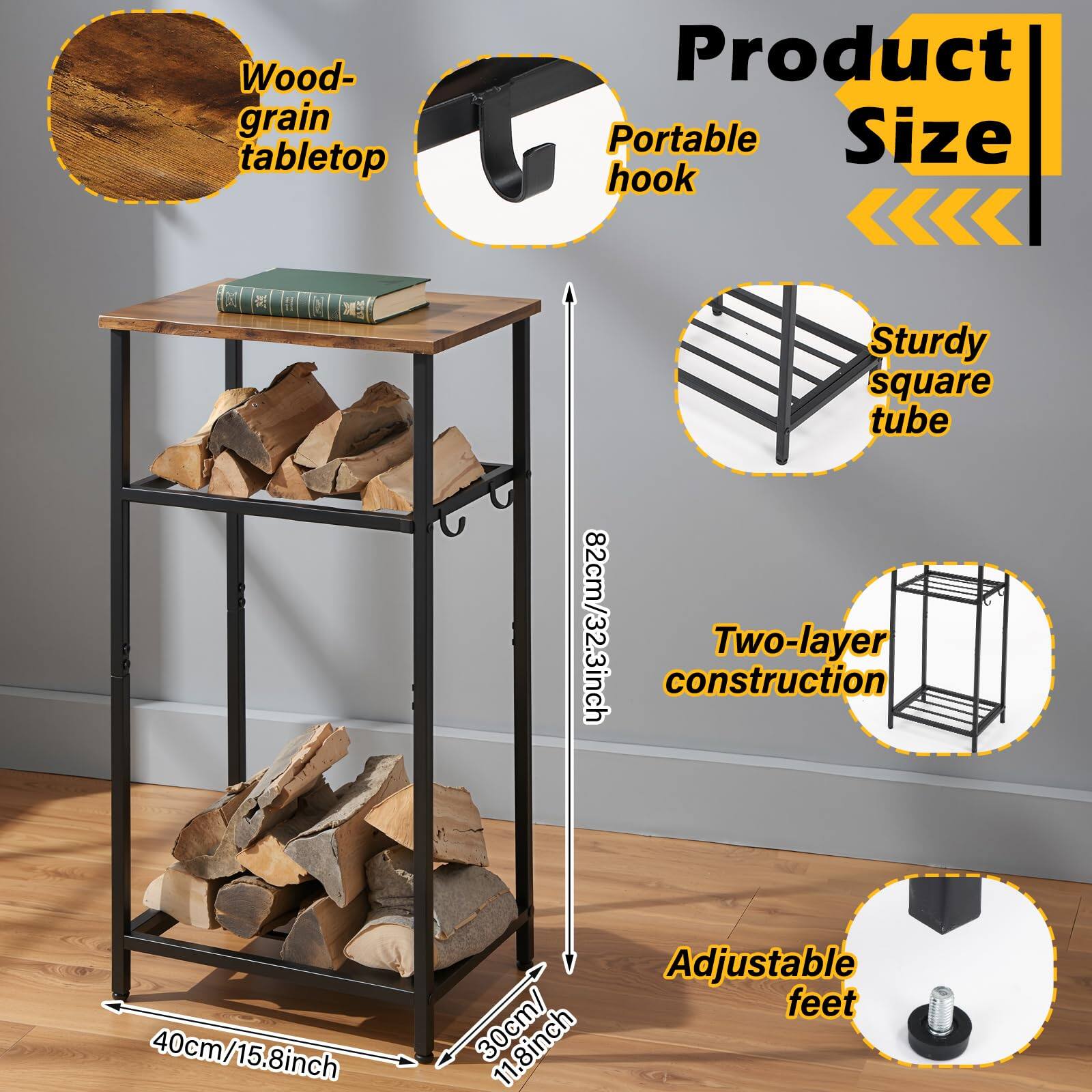 - Wood-grain tabletop
- Portable hook
- Sturdy square tube
- Two-layer construction
- Adjustable feet

Product Size:
- Height: 82cm / 32.3inch
- Width: 40cm / 15.8inch
- Depth: 30cm / 11.8inch