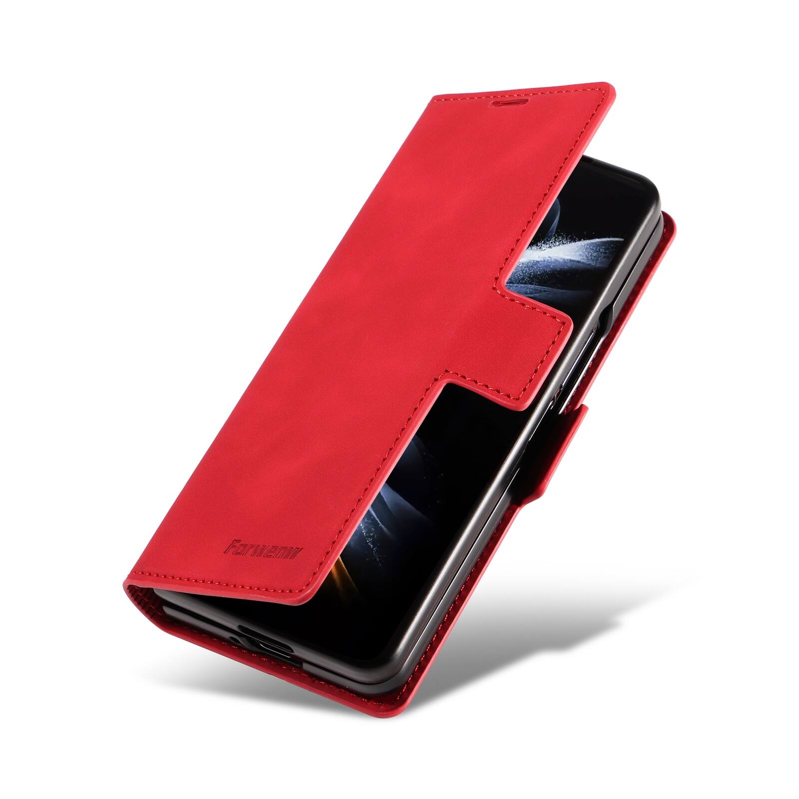 Left. Dteck - Shockproof PU Leather Case for Samsung Galaxy Z Fold 8 Ultra, Wallet RFID Blocking with Card Slots Flip Stand Cover - Red.