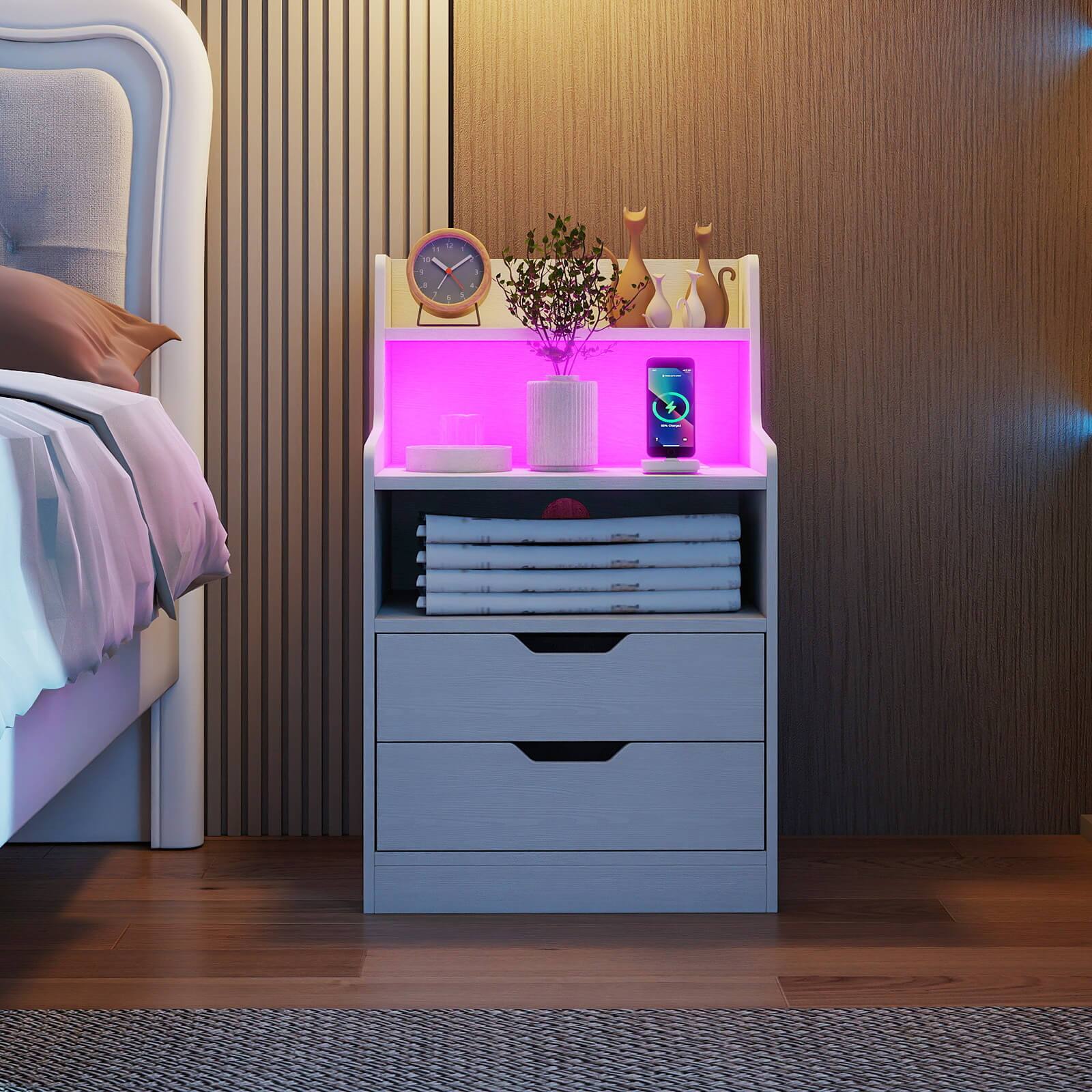 Alt View 3. Costway - Costway 1 PCS Nightstand with LED Light & Charging Station, Open Shelves & 2 Drawers, Cable Holes - White.