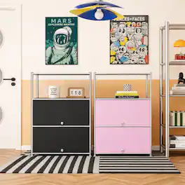 Malletson - Modern 3-Tier Modular Metal Sideboard, Storage Cabinet with 2 Drop-Down Doors for Home Office & Coffee Bar (1‑Pack) - Pink