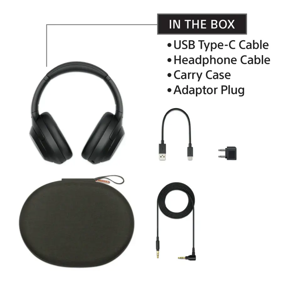 In the box, you will find a USB Type-C cable, a headphone cable, a carry case, and an adaptor plug.