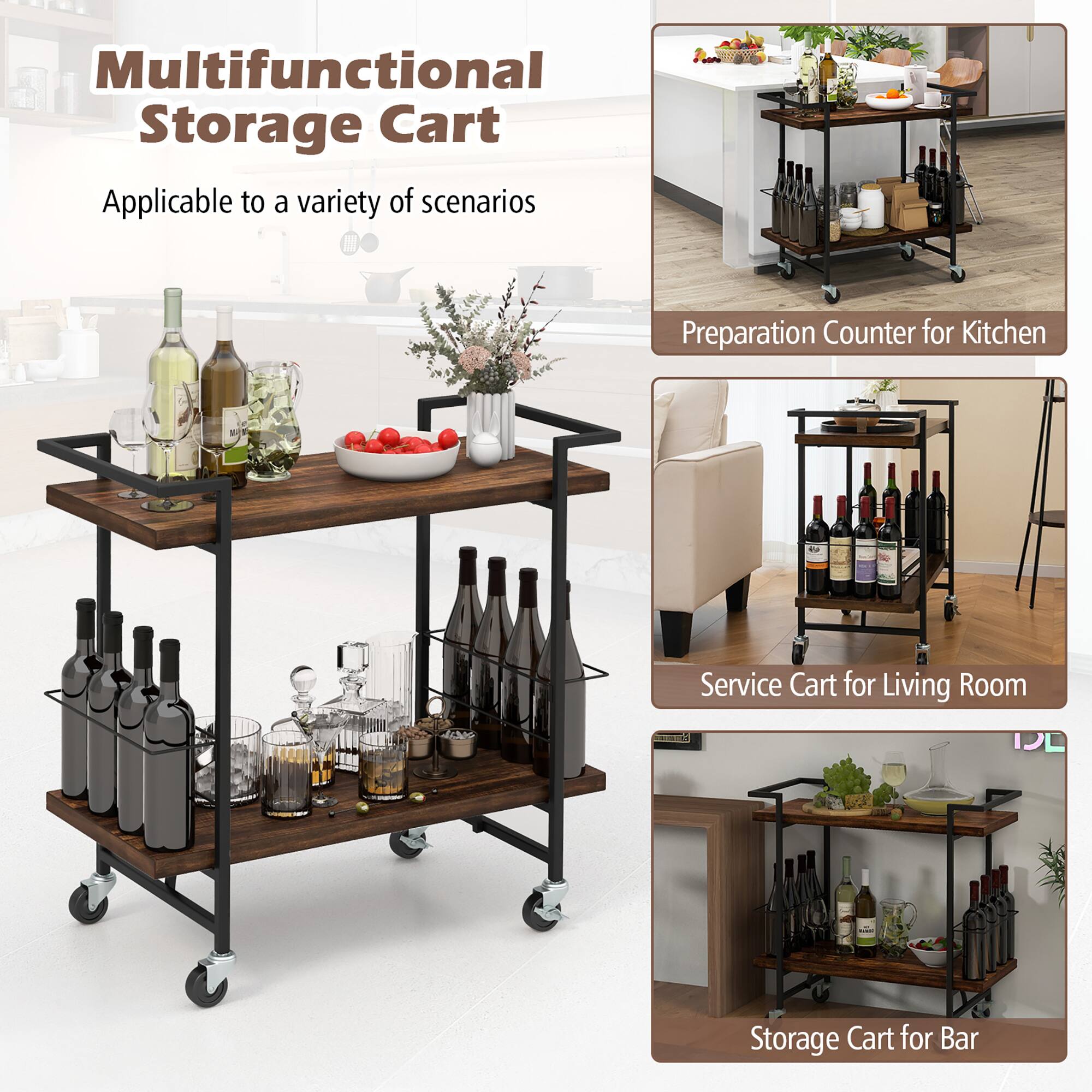 Multifunctional Storage Cart  
Applicable to a variety of scenarios  

Preparation Counter for Kitchen  

Service Cart for Living Room  

Storage Cart for Bar