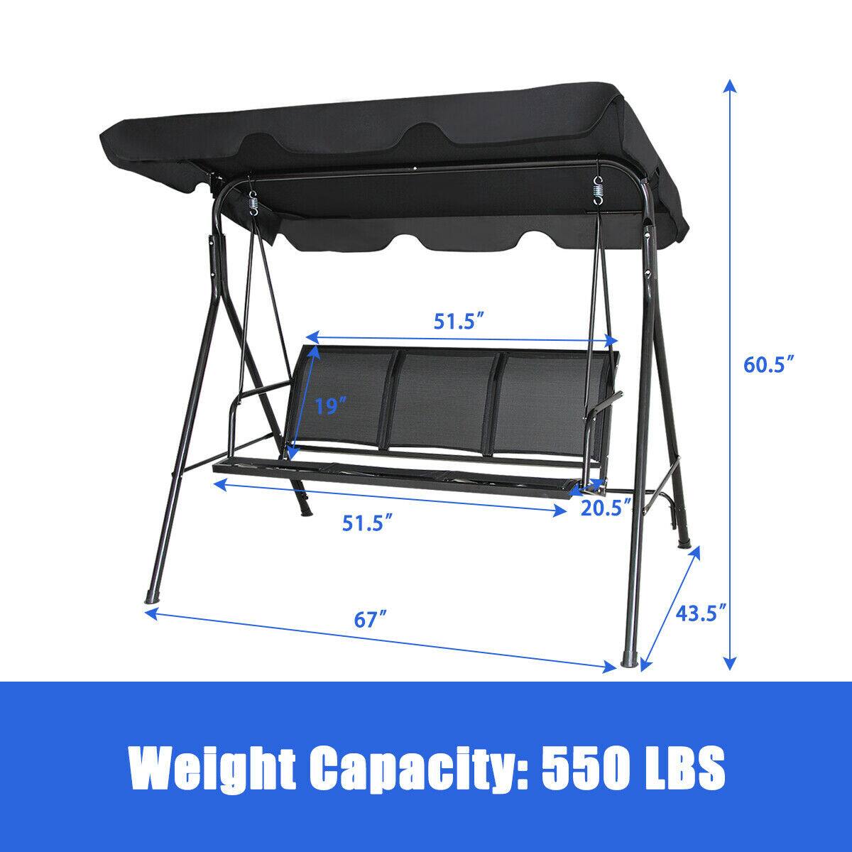 Alt View 2. Gymax - Gymax Outdoor Porch Swing Canopy Patio Swing Chair 3 Person Canopy Hammock - Black.