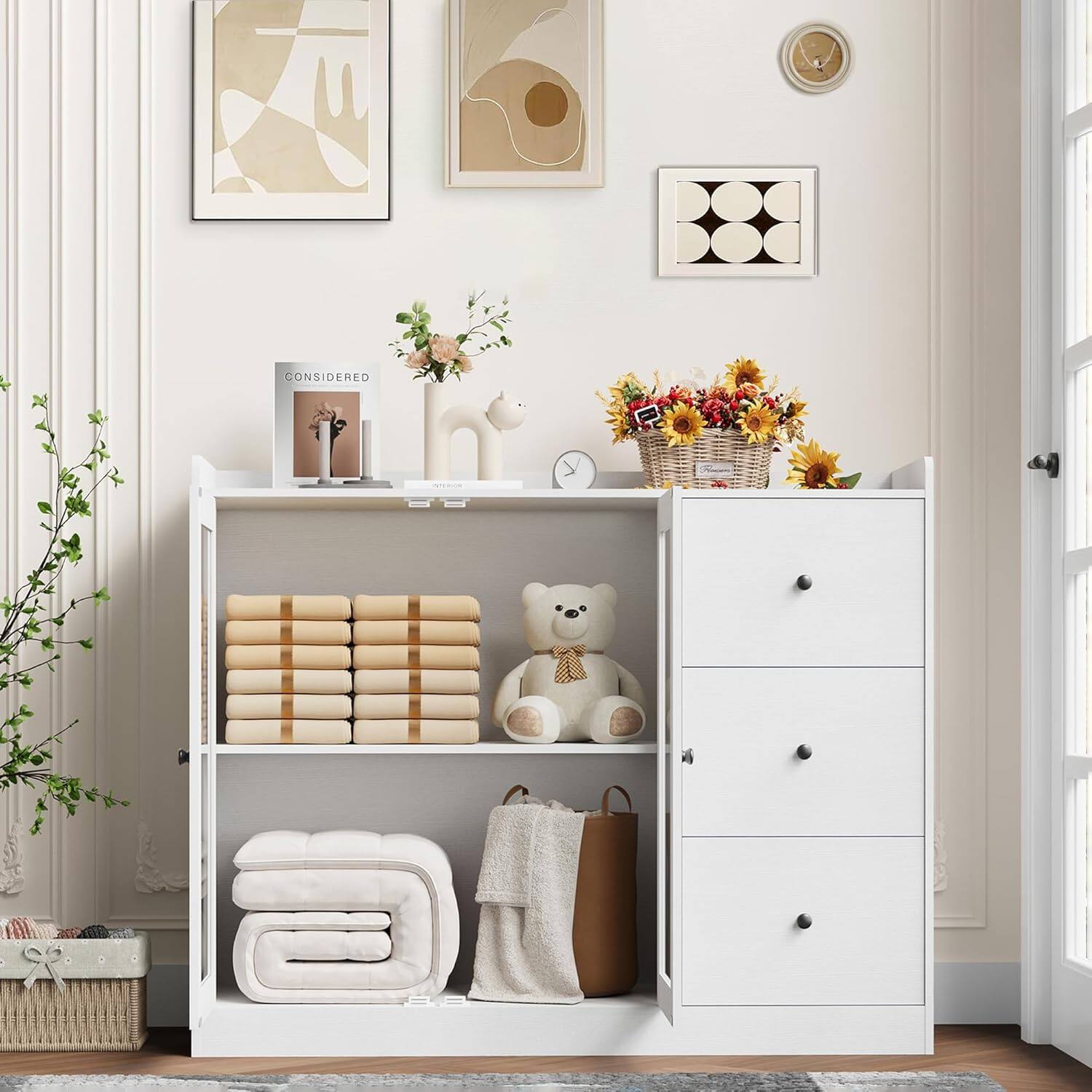 Left. Acekool - White Buffet Cabinet, 43" Modern Sideboard with Guardrail, Adjustable Shelves & 3 Drawers for Kitchen, Dining Room - White.
