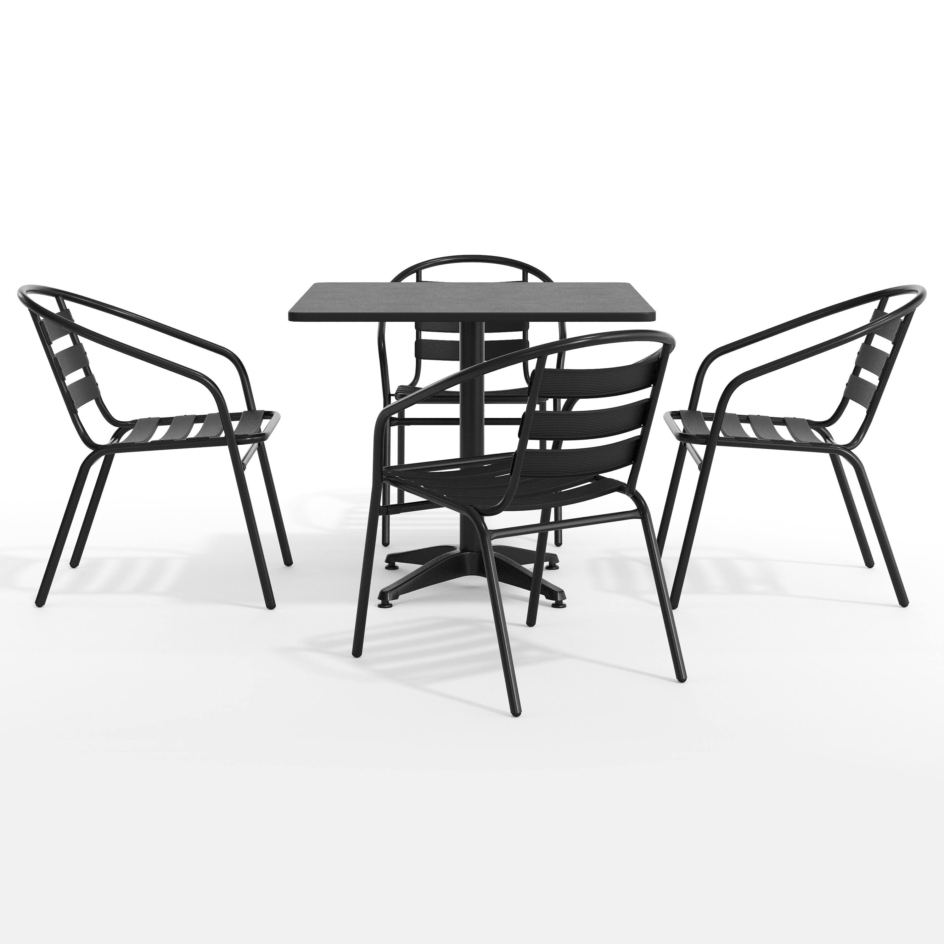 Angle. Flash Furniture - Lila 31.5'' Black Square Aluminum Indoor-Outdoor Table Set with 4 Black Slat Back Chairs - Black.