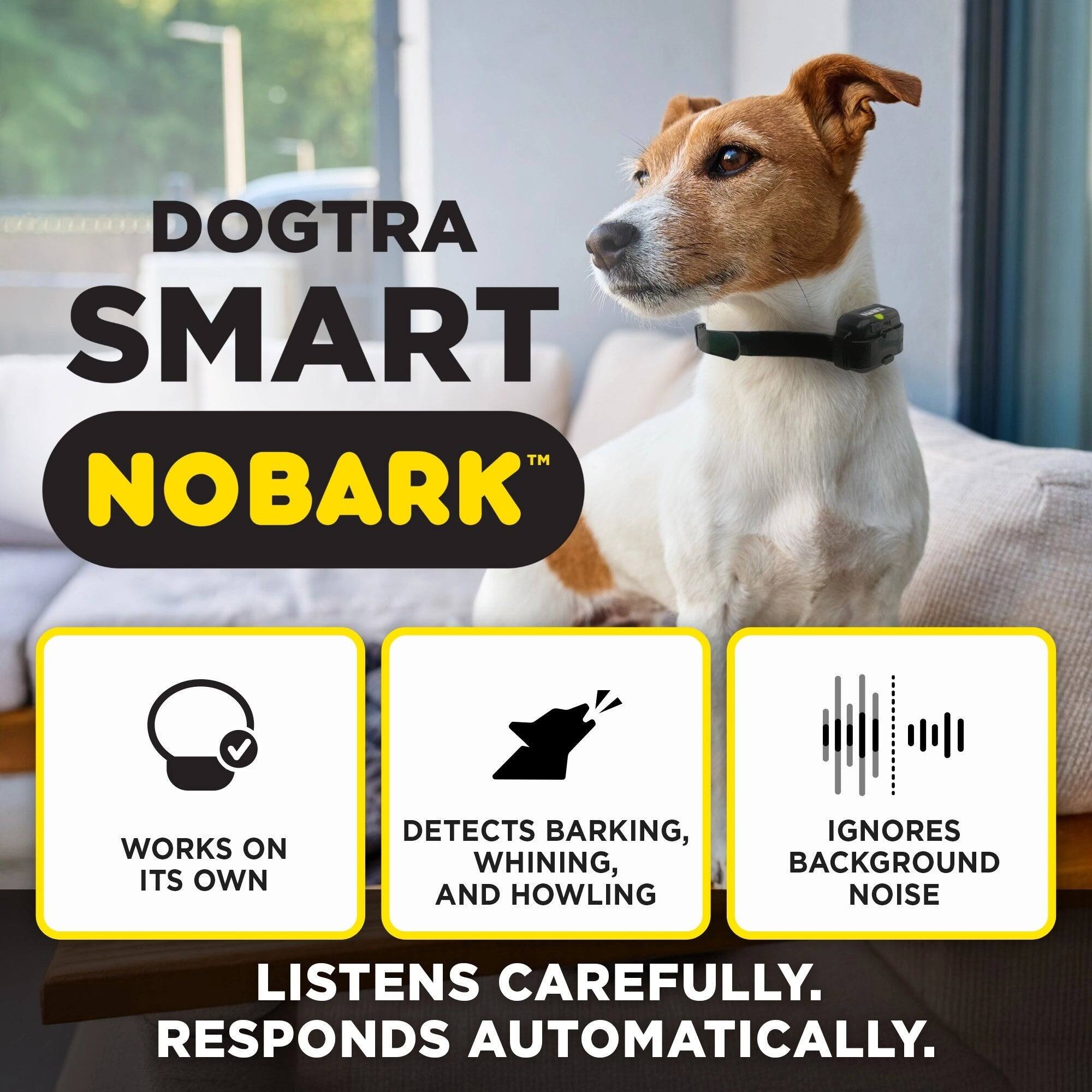 DOGTRA SMART™ NOBARK WORKS ON ITS OWN. DETECTS BARKING, WHINING, AND HOWLING. IGNORES BACKGROUND NOISE. LISTENS CAREFULLY. RESPONDS AUTOMATICALLY.