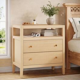 Tribesigns - Modern Nightstand with 2 Drawers, Open Storage Shelf and Grooved Drawer Fronts for Bedroom - Oak
