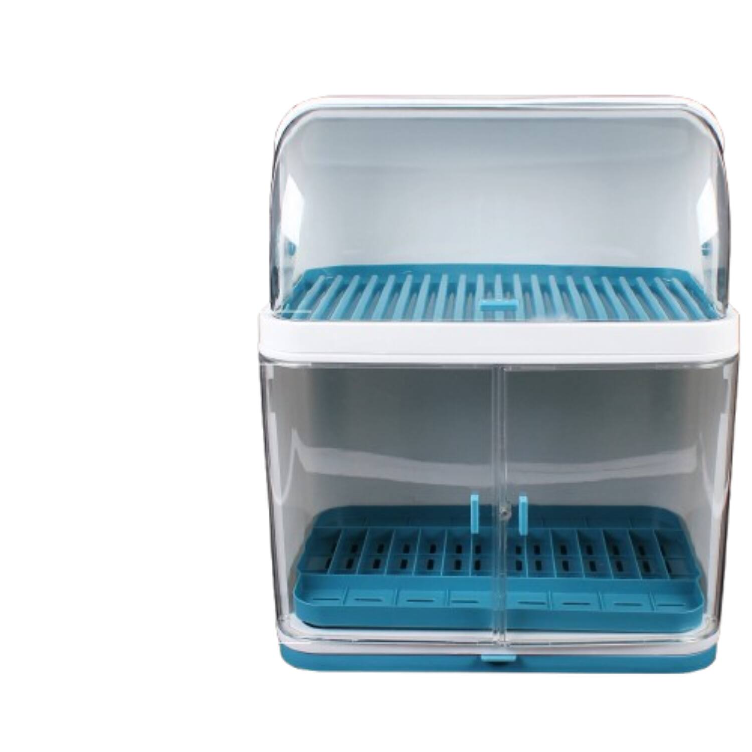 Home Collection - 2-Tier Dish Drying Rack with Lid Cover and Cup Holder - Clear Lid with White or Blue Rack