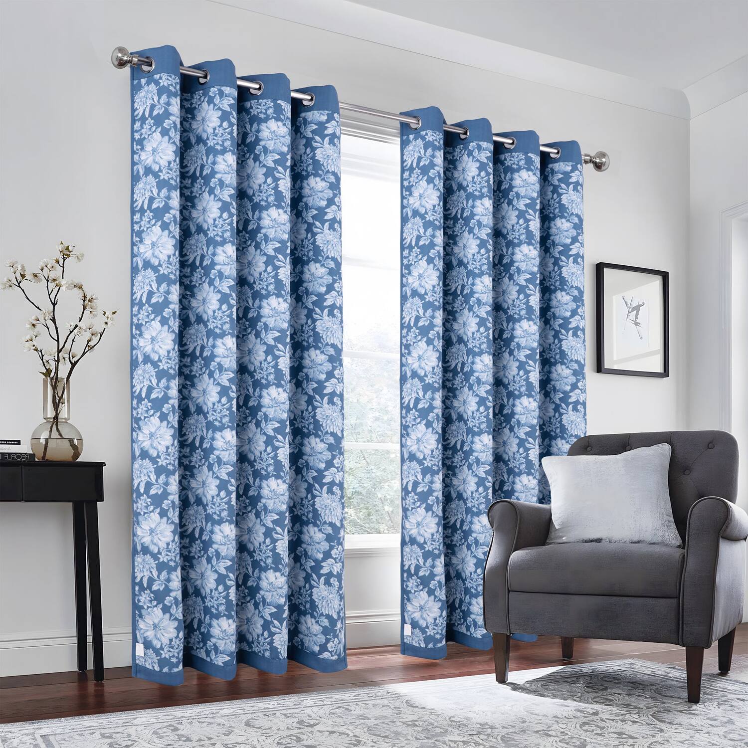 Angle. Olivia Gray - Olivia Gray 100% Polyester 190 GSM Eloise Reversible Blackout Grommet Curtain Panel 54" x 90" Blue - Blue.