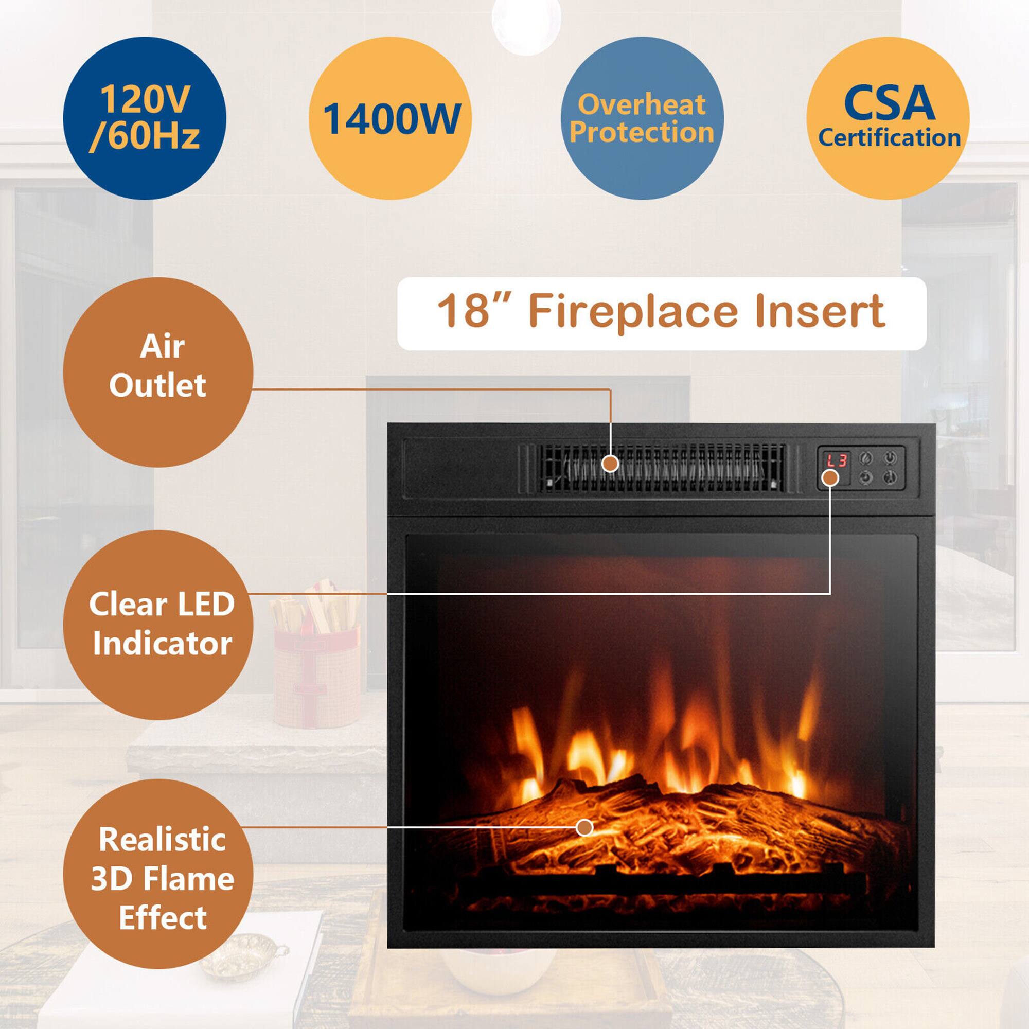 18" Fireplace Insert, 120V /60Hz, 1400W, Overheat Protection, CSA Certification, Air Outlet, Clear LED Indicator, Realistic 3D Flame Effect