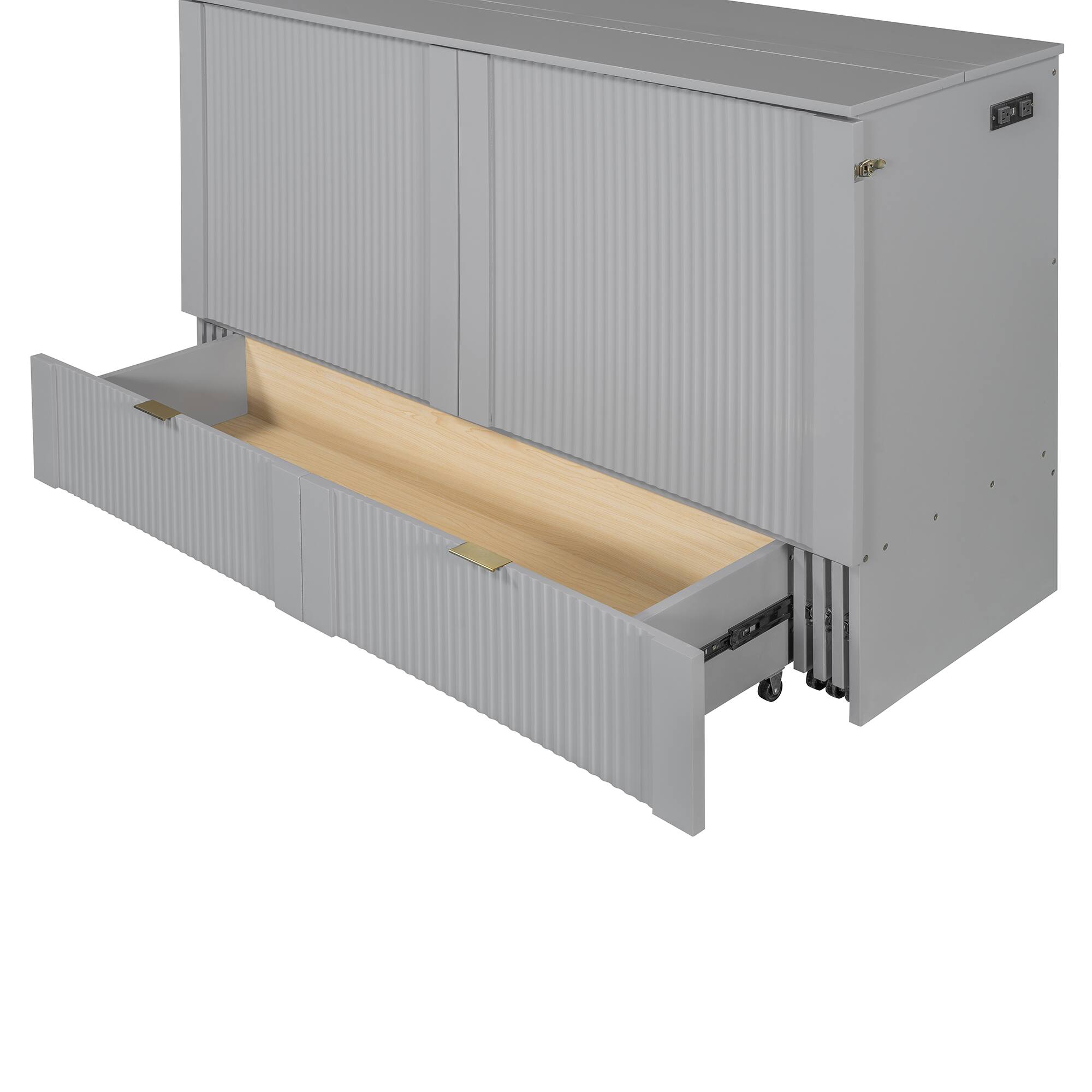 Alt View 2. Tiramisubest - Queen Size Murphy Bed w/ Drawer, Sockets, USB Ports, Pulley, Gray Plywood - Gray.