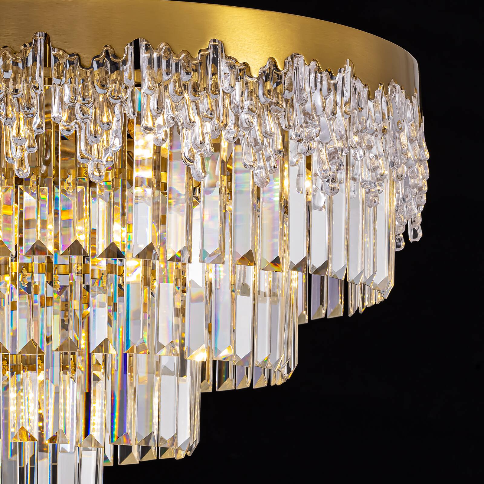 Alt View 6. Siljoy - 24 Inch Modern Tiered Crystal Chandelier, Glacier Textured Round Gold Pendant Light for Dining Room Living Room Foyer - GOLD.