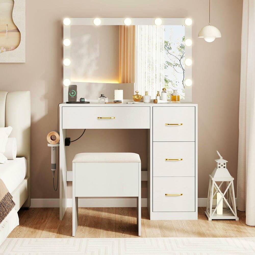 Alt View 4. Kadyn - Vanity Desk - Lighted Mirror, Makeup Dressing Table, Built-In Power Outlets - White - White.