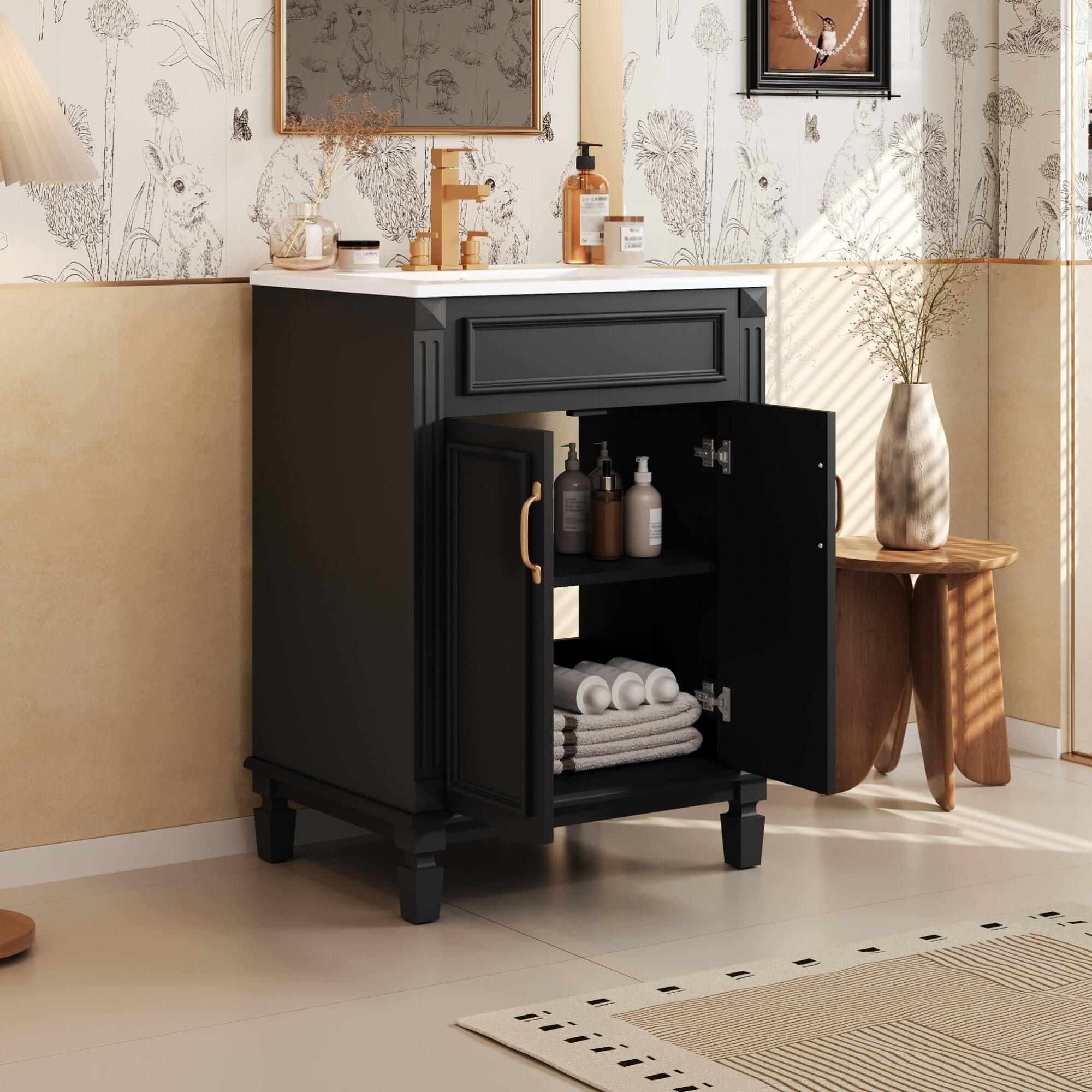 Angle. ELEMENT ACE - Modern Bathroom Vanity with Ceramic Sink and Soft-Closing Doors, Solid Wood Frame Storage Cabinet - Black.
