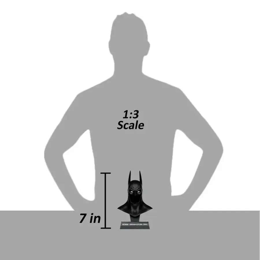 The image features a man with a Batman figurine placed on his stomach. The figurine is a 1:3 scale, which means it is three times smaller than the actual size of the man. The man is standing in front of a white background, and the Batman figurine is positioned right in front of him.