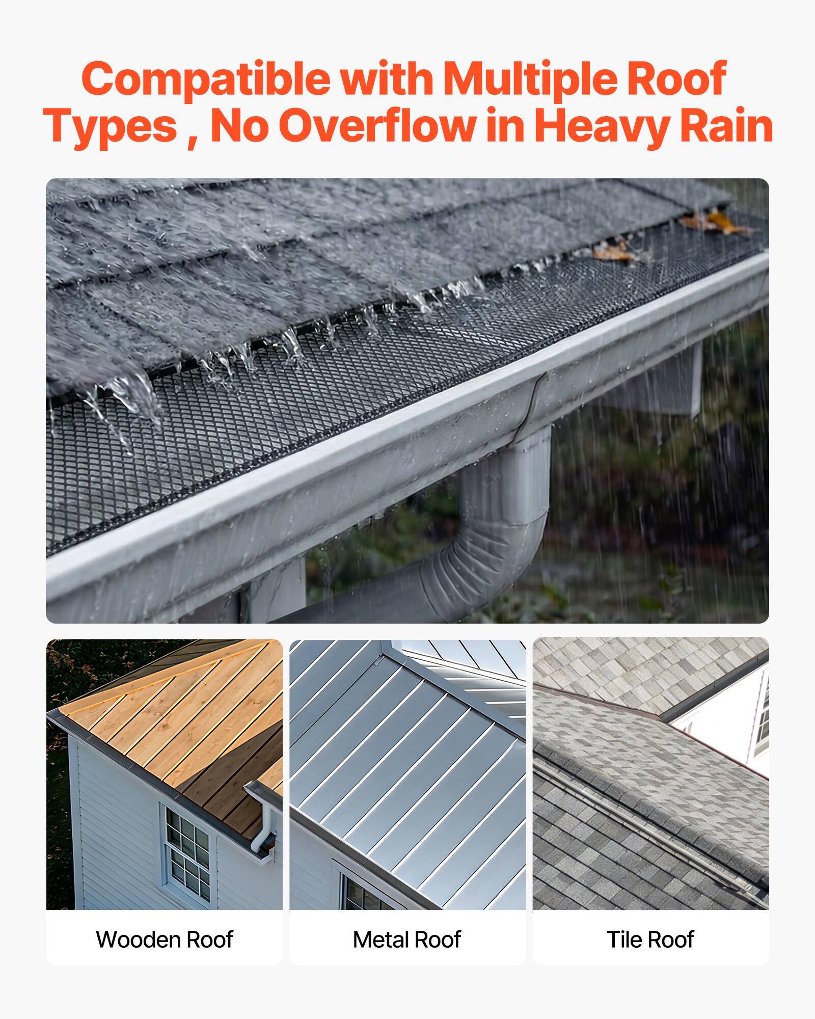 Compatible with Multiple Roof Types, No Overflow in Heavy Rain

Wooden Roof  
Metal Roof  
Tile Roof