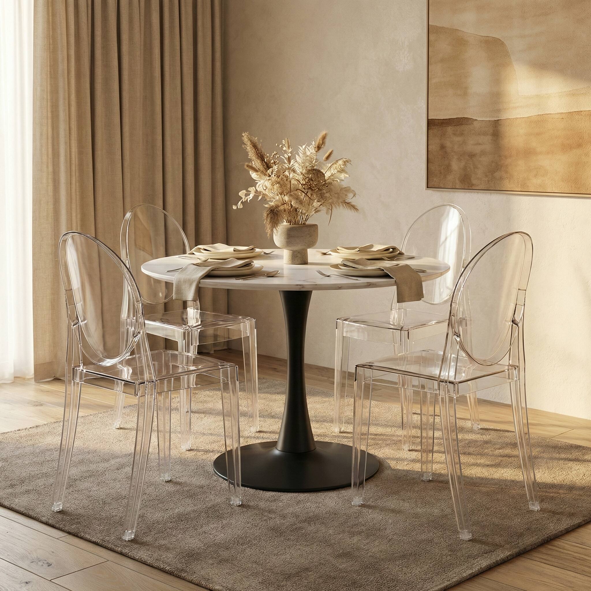 Left. LeisureMod - Marion 2-PCS Clear Acrylic Dining Chair, Modern Single-Piece Stackable Armless Chair - Clear.