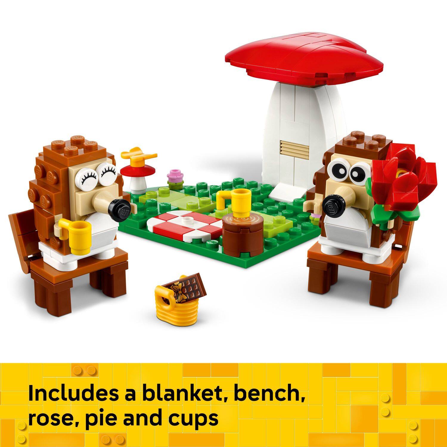 Includes a blanket, bench, rose, pie, and cups.