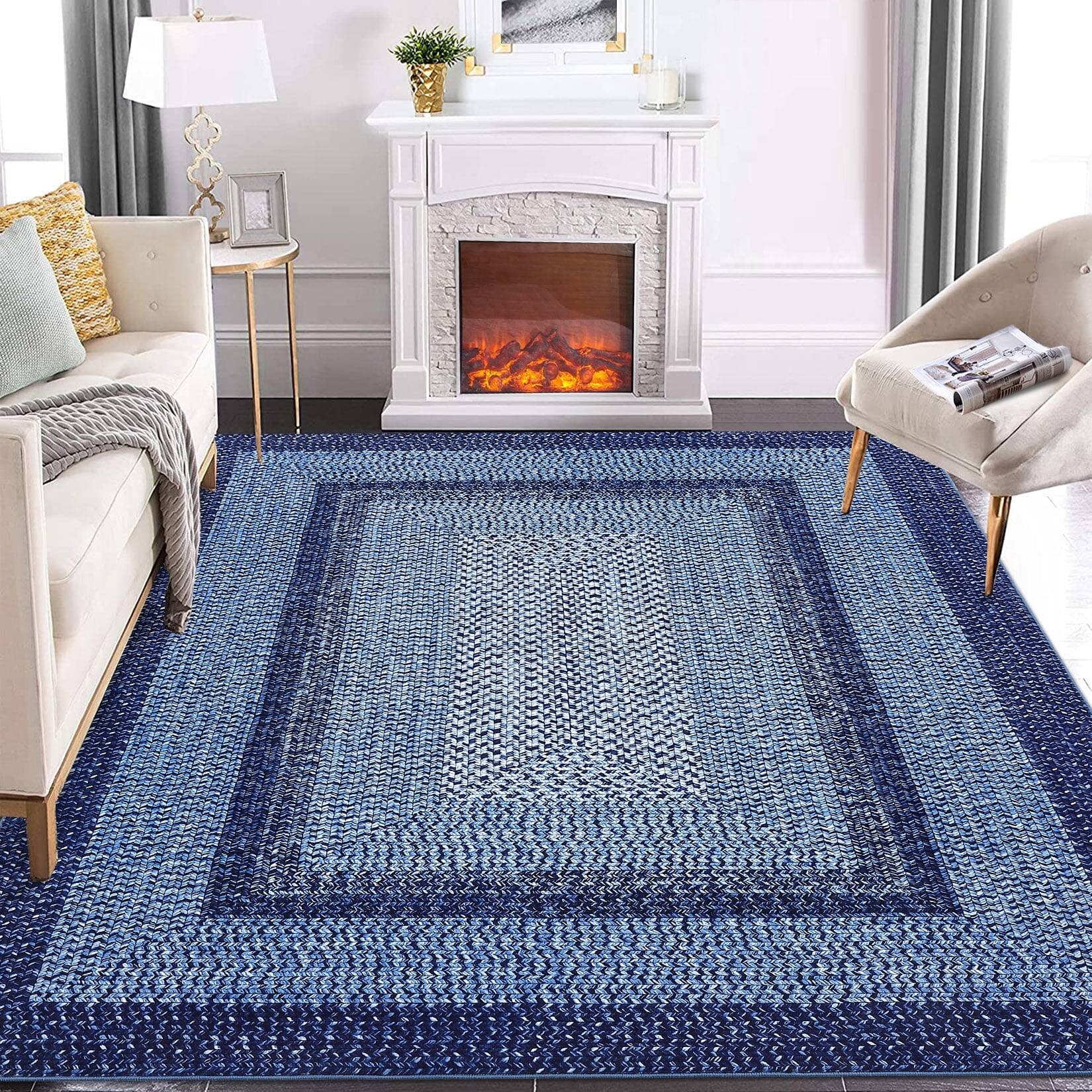 Front. Homhougo - 10x13 Large Modern Braided Print Low Pile Non Slip Area Rug for Living Room Bedroom Geometric Bordered Carpet Navy Blue - Navy Blue.