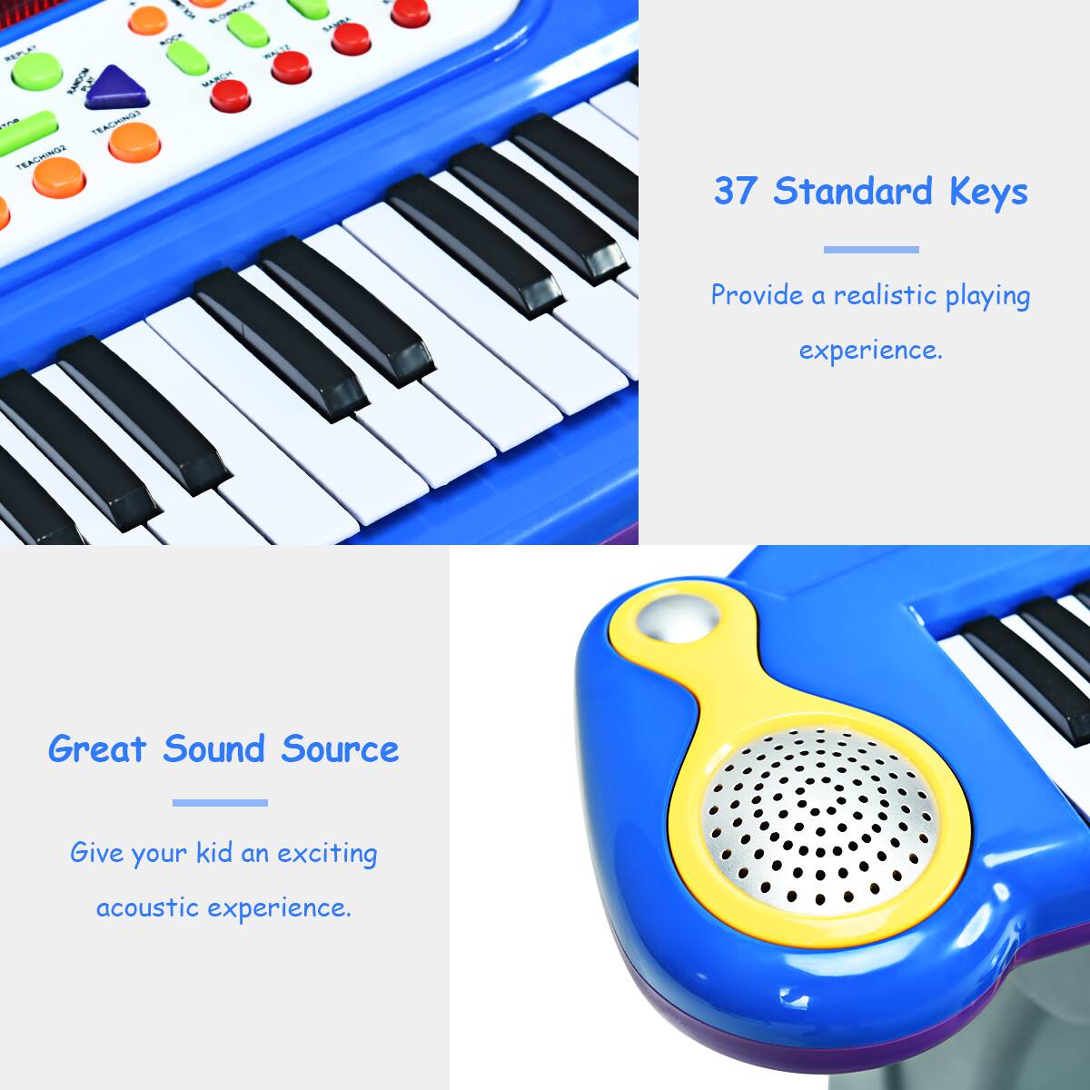 The text on the image can be grouped and corrected as follows:
"37 Standard Keys - Provide a realistic playing experience. Great Sound Source - Give your kid an exciting acoustic experience."