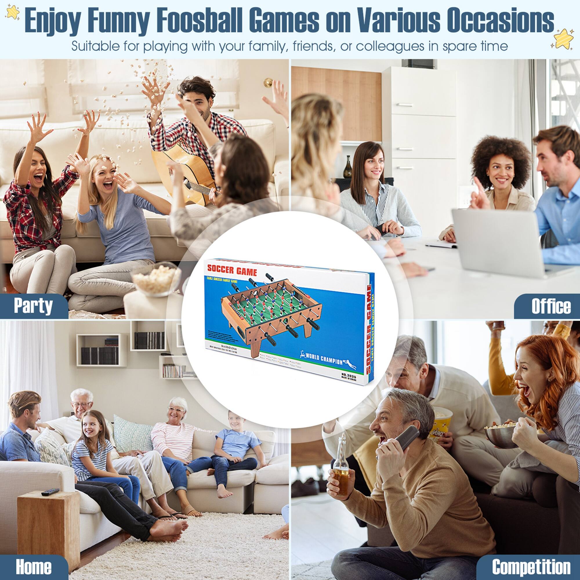 Enjoy Funny Foosball Games on Various Occasions Suitable for playing with your family, friends, or colleagues in spare time. Party SOCCER GAME -  - - y -  WONLO GHAMPION H .NEn : CAME 101 LE TOL S Office Home Competition.