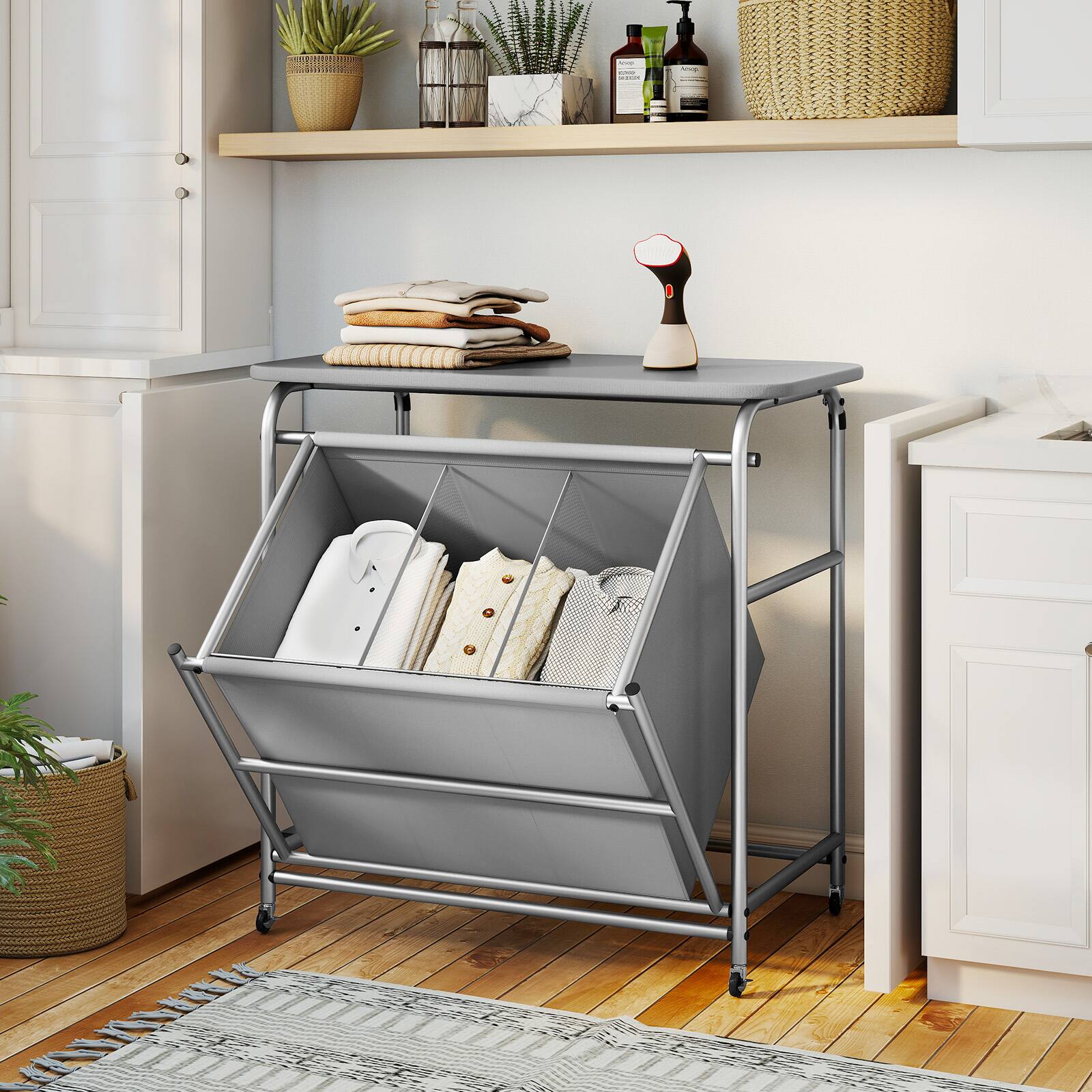 Alt View 1. Gymax - Gymax 3-Section Laundry Sorter w/ Foldable Ironing Board w/ 3 Removable Bags - Gray.