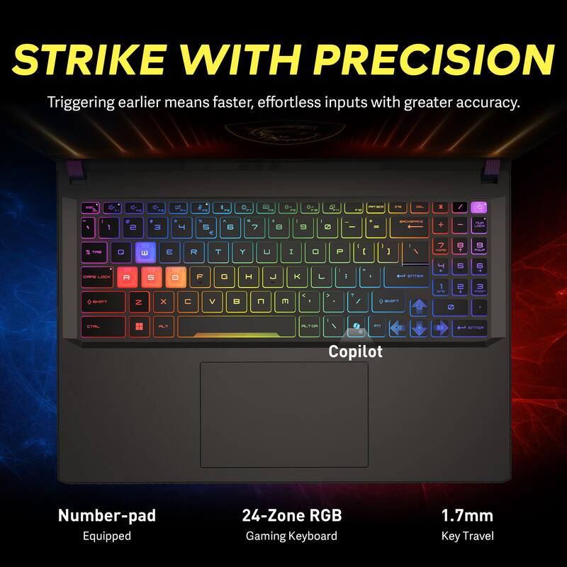 STRIKE WITH PRECISION  
Triggering earlier means faster, effortless inputs with greater accuracy.

F2  
ad  
D  
Ov FO  

Q  
I'VI  
CILL  
/  
I  
I  
1  
2  
3  
I  
% 5  
N 6  
E 7  
I 8  
9  
0  
-  
+ =  
BACKSPACE  
+  
-  
FOR LOCK  
TAB CAPS LOCK SHIFT  
Q A  
E S  
R F  
T G  
Y H  
U n  
I O  
P  
I [ ? /  
I  
I I / ENTER SHIFT  
7 8 HORE ! JO 5 1 2 6C 0  
9 FCLIP 6 3 POON  
CTRL  
ALT  
|  
D  
FN  
D  
T ENTER  

Copilot  
Number-pad Equipped  
24-Zone RGB Gaming Keyboard  
1.7mm Key Travel