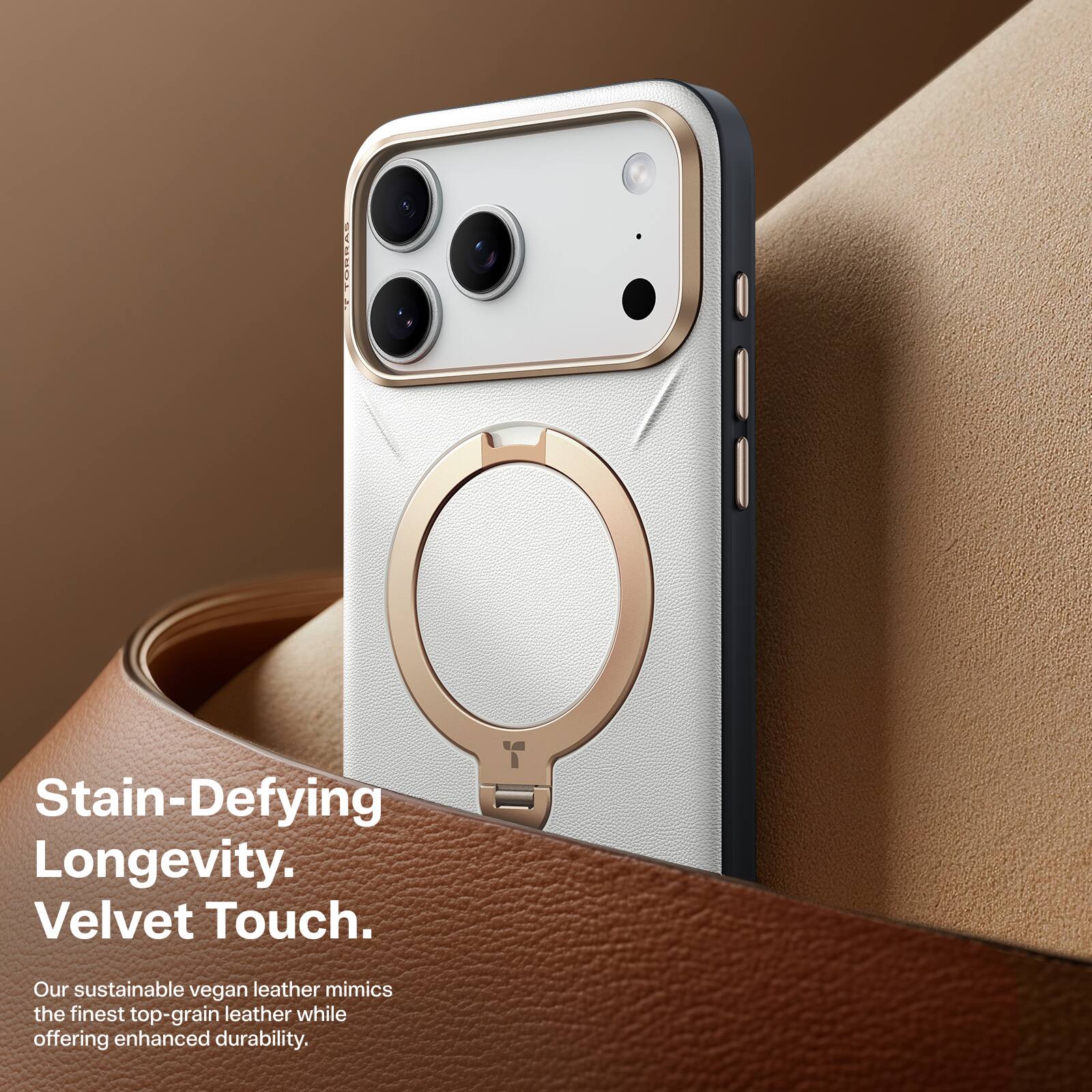 Stain-Defying Longevity. Velvet Touch.  
Our sustainable vegan leather mimics the finest top-grain leather while offering enhanced durability.