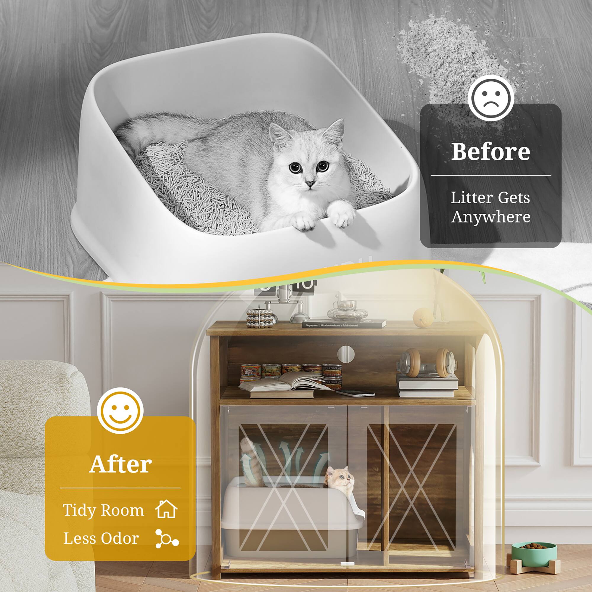 Before: Litter Gets Anywhere

After: Tidy Room, Less Odor