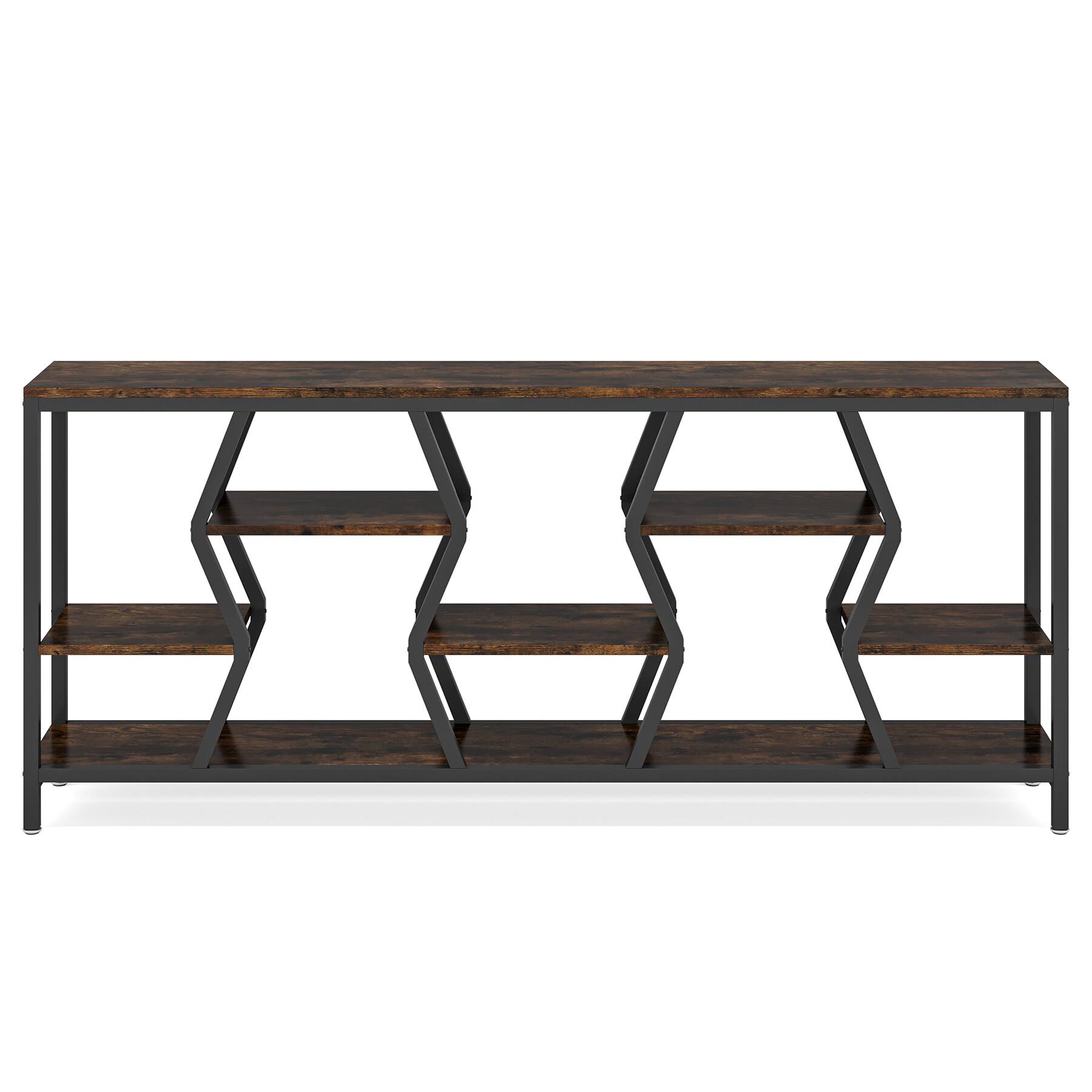 Left. TinyHomie - 70.9 Inches Sofa Console Table with 4 Tier Wood Storage Shelves Industrial Extra Long Narrow Entryway Accent Tables - Rustic Brown.