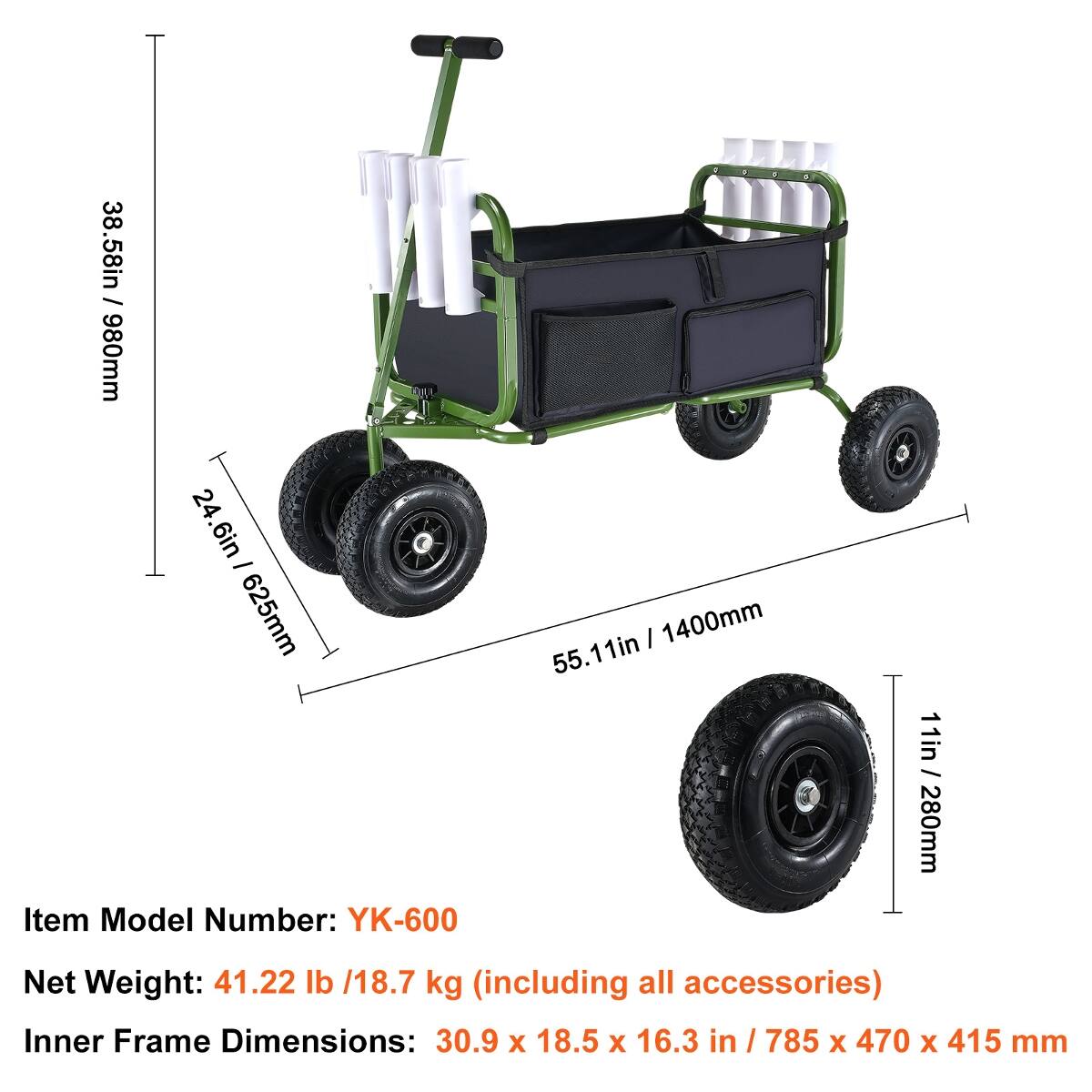 38.58in / 980mm  
24.6in - 625mm  
55.11in / 1400mm  
11in / 280mm  

Item Model Number: YK-600  
Net Weight: 41.22 lb / 18.7 kg (including all accessories)  
Inner Frame Dimensions: 30.9 x 18.5 x 16.3 in / 785 x 470 x 415 mm