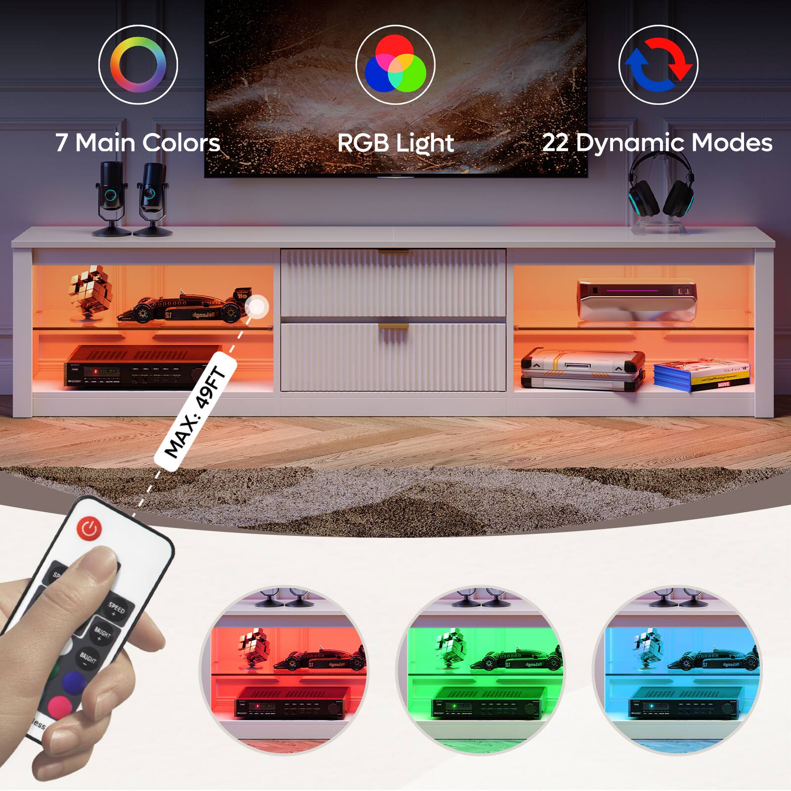 7 Main Colors RGB Light 22 Dynamic Modes  
MAX: 49FT  
SPEED: MUDC