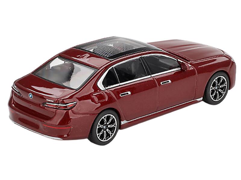 Left. Mini GT - BMW i7 xDrive60 Aventurin Red Metallic Limited Edition 1/64 Diecast Model Car by Mini GT - Red Metallic.