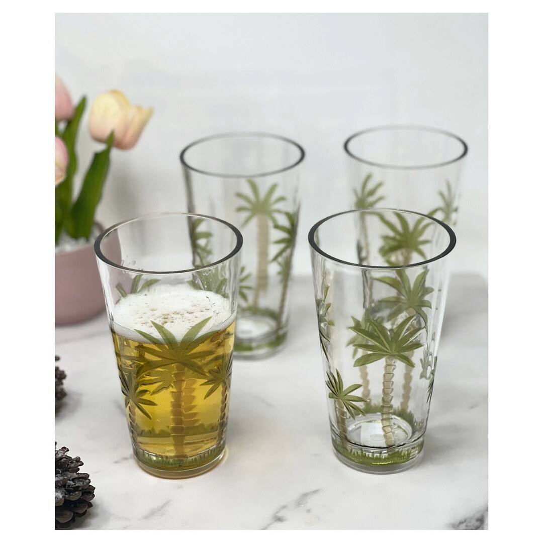 Angle. APRILSOUL - Palm Tree Design Acrylic Glasses Set of 4 Hi Ball Plastic BPA Free Cocktail Drinkware Water Tumblers - white.