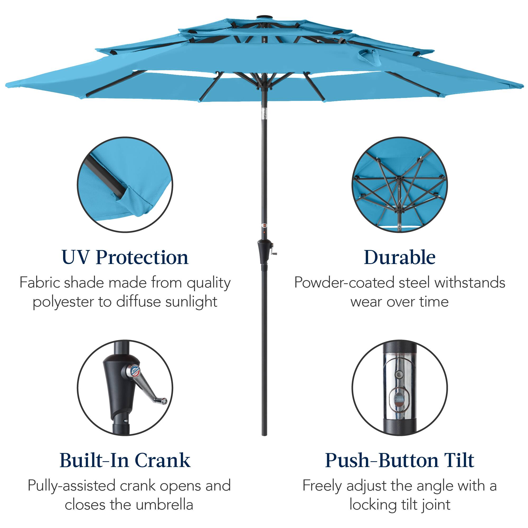 UV Protection Fabric shade made from quality polyester to diffuse sunlight. Durable Powder-coated steel withstands wear over time. Built-In Crank: Pulley-assisted crank opens and closes the umbrella. Push-Button Tilt: Freely adjust the angle with a locking tilt joint.