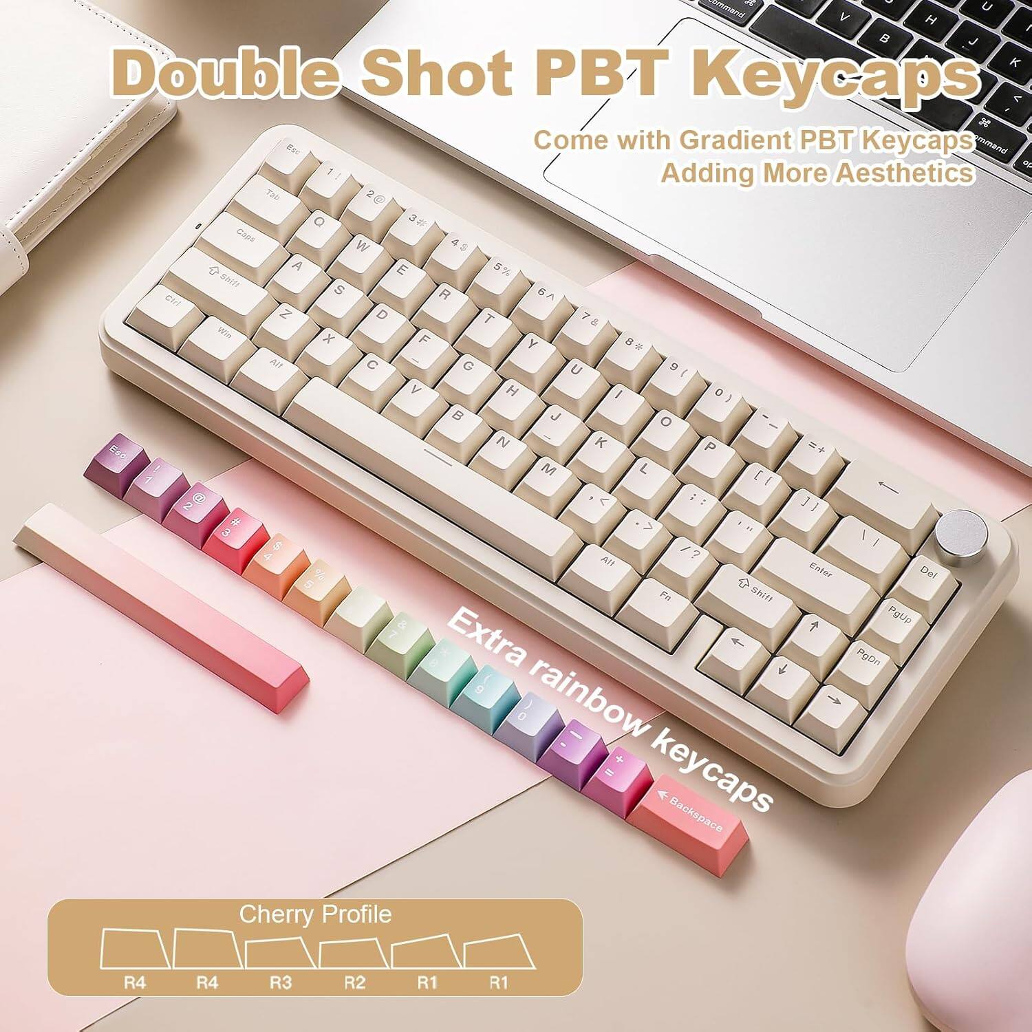 - Hi, U V H, a J K Double Shot PBT Keycaps I C 2
- Come with Gradient PBT Keycaps
- Na
- 1: Adding More Aesthetics
- Tal
- a a Cape d W 45
- A E 5% Shlf S R GA Evt Z D T 78
- a P0e x F y G Ait C G U 9 I V H
- o B J O E N K P 4 M L 1 [ e ; 1 2 < 1 J
- . a $ 1 4 All ? Enter Dal 5 Fe Shift + Pgtip 7 Extra
- 8 PgDn 4 g 0 rainbow t + = keycaps 4 Backspace
- Cherry Profile R4 R4 R3 R2 R1 R1